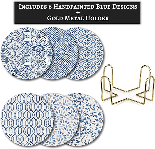Miniatura 3 de Posavasos de cerámica para bebidas, incluye 6 patrones azules pintados a mano y soporte dorado, súper absorbente, parte inferior de corcho que