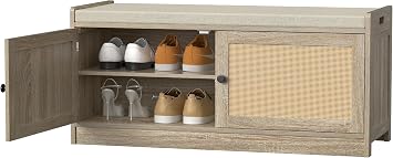 Entryway Shoe Bench with Storage, Entryway Shoe Cabinet Bench with Padded Cushion & Adjustable Shelves, Boho Wooden Organizer Storage Bench for Hallway, Bedroom, Entrance