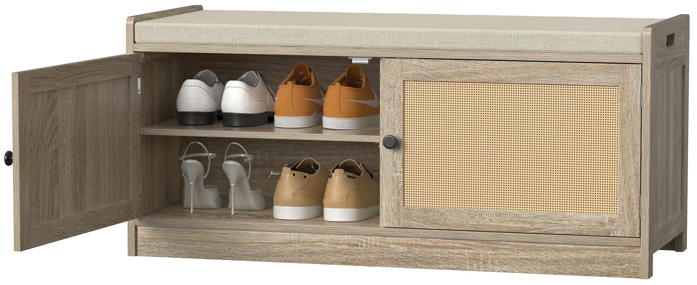 Skokliz Entryway Shoe Bench with Storage, Entryway Shoe Cabinet Bench with Padded Cushion & Adjustable Shelves, Boho Wooden Organizer Storage Bench for Hallway, Bedroom, Entrance