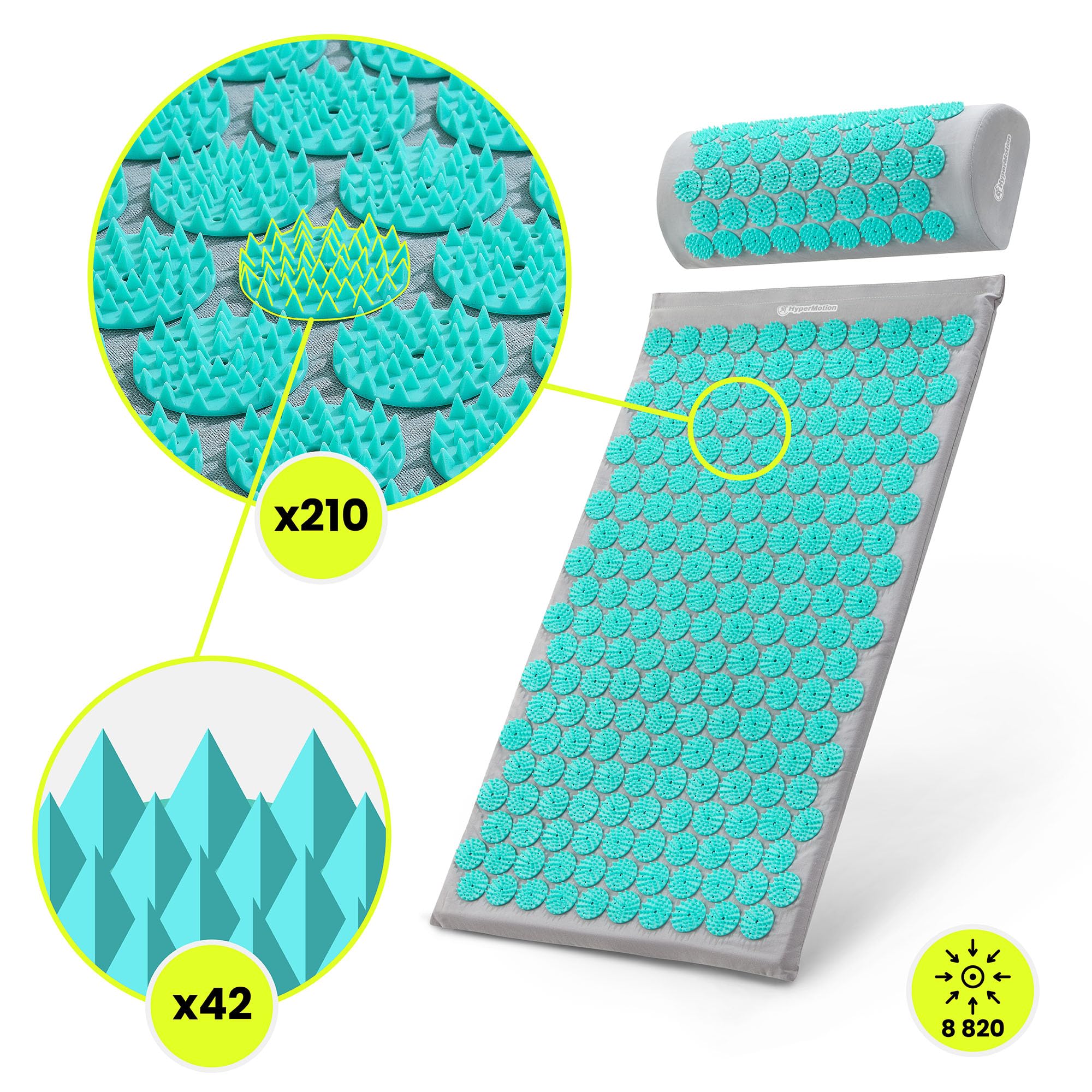HyperMotion Akupressurmatte mit Kissen Eco - Akupunktur Matte - Massagematte Ganzkörpermassage, Akupressurmatte Set für Entspannung, Kokosfaser und Buchweizen, Grau-Mint, 72 x 42 x 2 cm