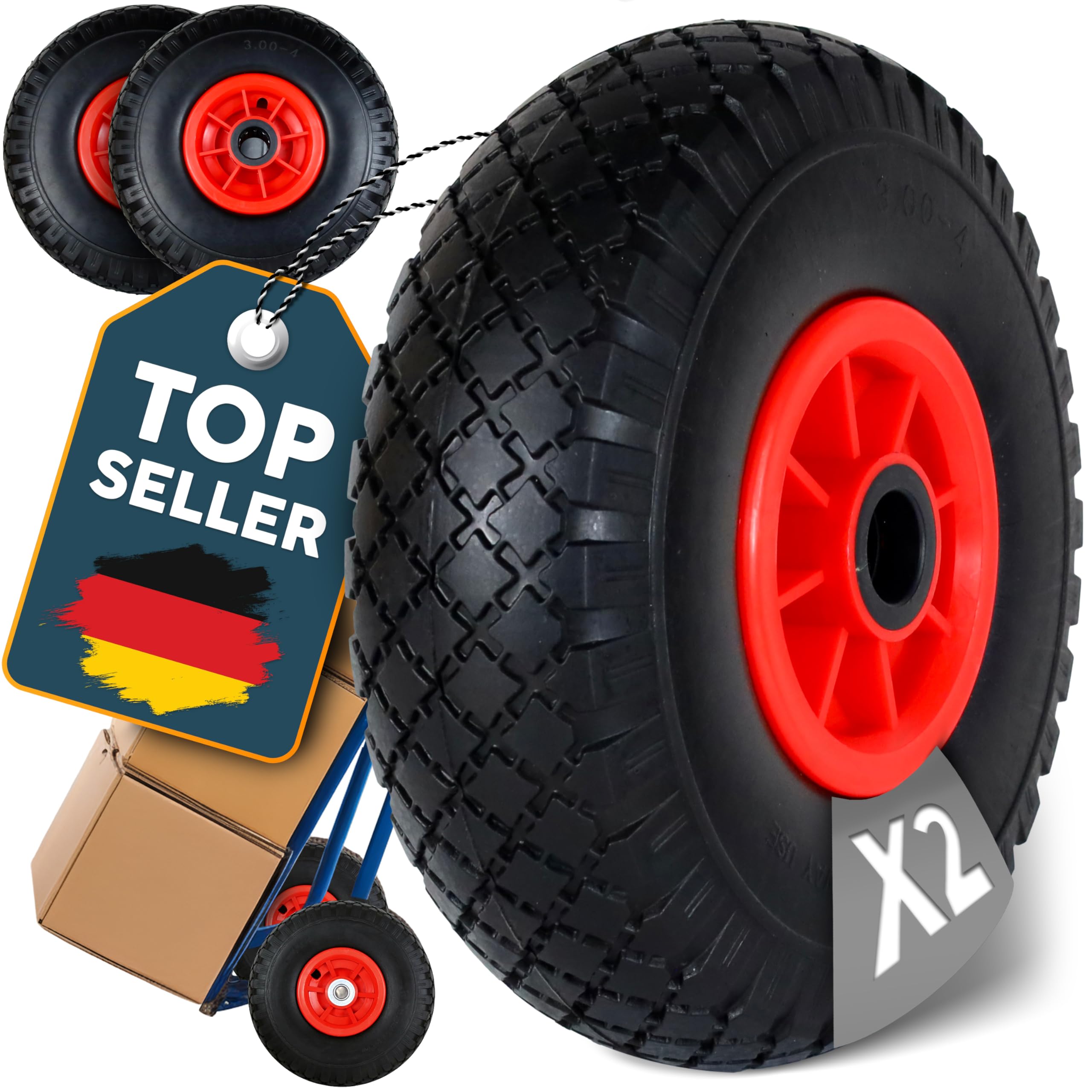 FROSAL 2X PU Rad 260mm (3.00-4) pannensicher mit roter Felge – Ersatzrad für Bollerwagen & Sackkarre – 25mm Achse – leichtlaufend, wartungsfrei & belastbar