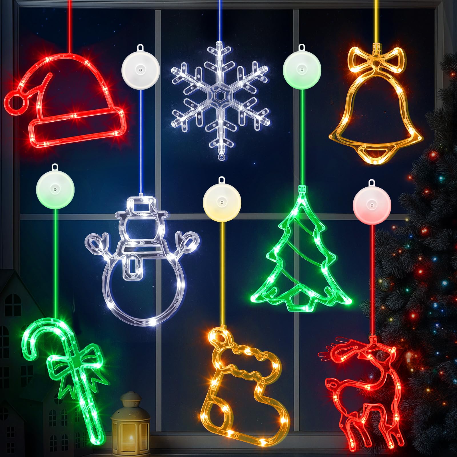 Flutesan Lot de 8 décorations de fenêtre de Noël multicolores avec cloche, renne, flocon de neige, lumières de Noël avec ventouses, minuterie, mode fondu lent, fonctionne à piles pour fête de Noël