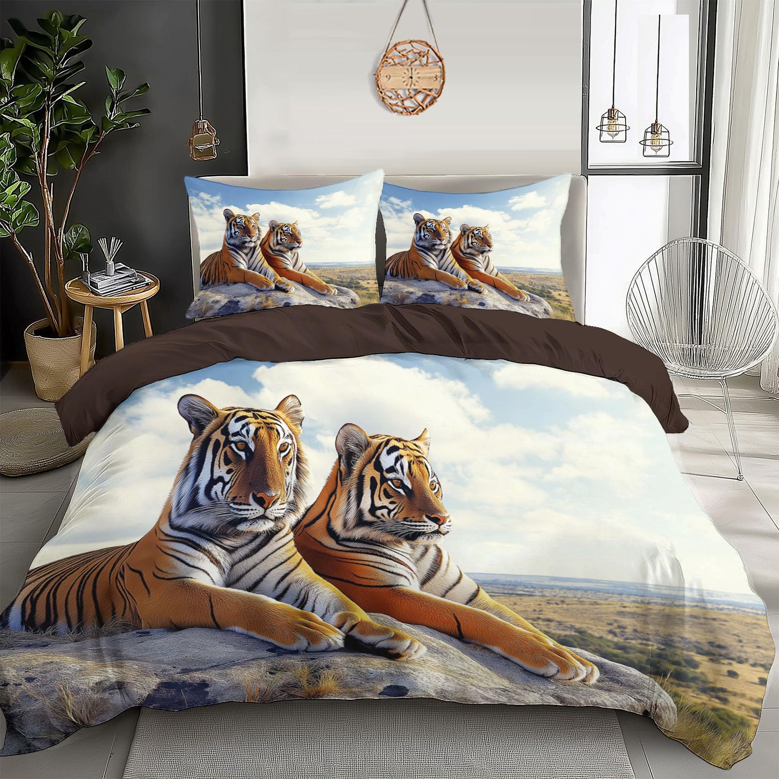 Housse de couette tigre 140x200 avec 2 taies d'oreiller pour lit 2 personnes