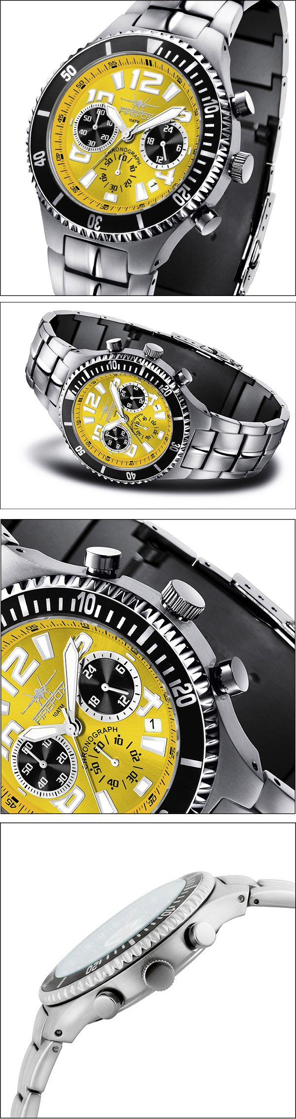 FIREFOX Silver Surfer FFS13-108b Sunray gelb Herrenuhr Armbanduhr massiv Edelstahl Chronograph Sicherheitsfaltschließe 10 ATM Water Resistant