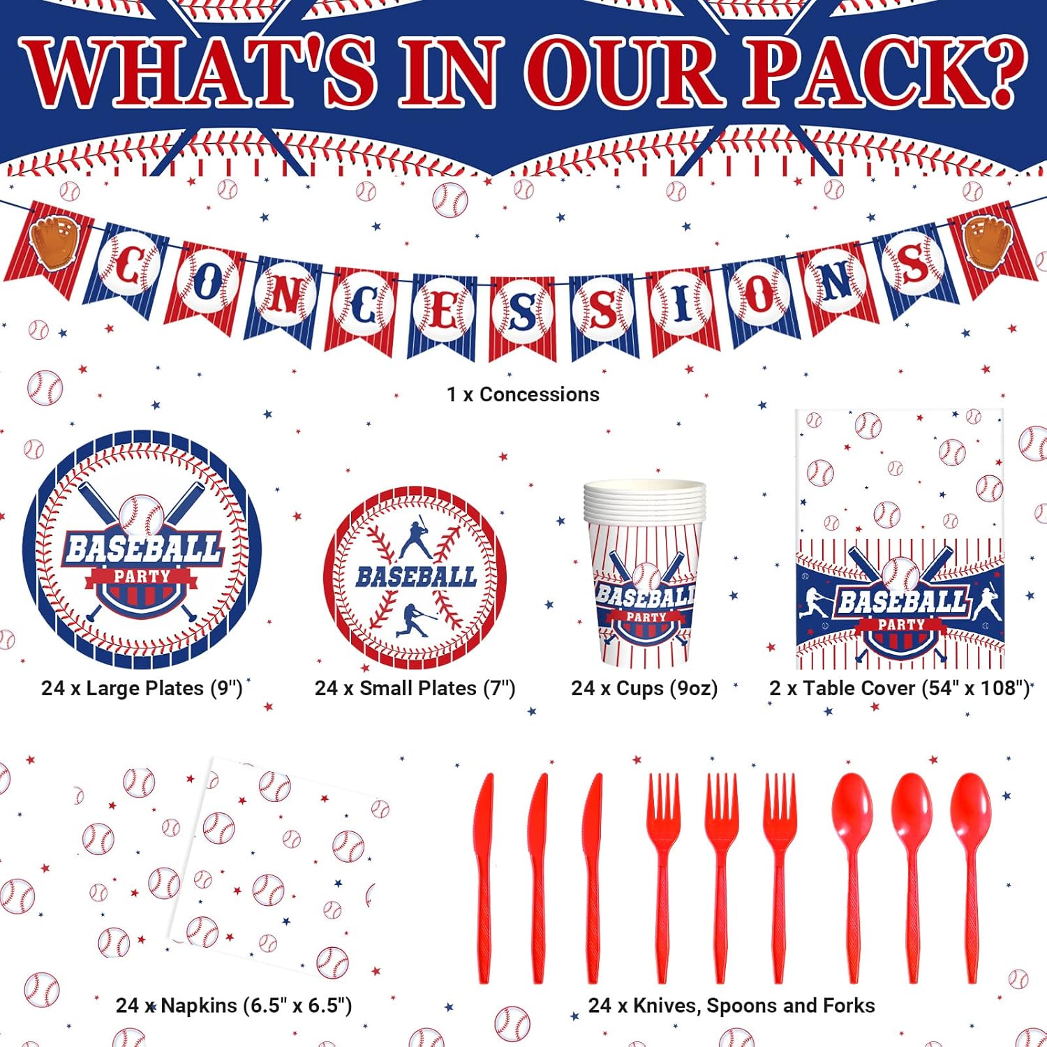 Tatuo 171 Pcs Baseball Party Decoration Include Baseball Theme Banner Red White and Blue Tablecloth Baseball Paper Tableware for Kid Adult Sport Theme Birthday Baby Shower Party Decoration Supplies - Image 2