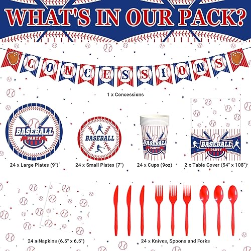 Miniatura 2 de Tatuo 171 piezas de decoración de fiesta de béisbol, incluye pancarta temática de béisbol, mantel rojo, blanco y azul, vajilla de papel de béisbol