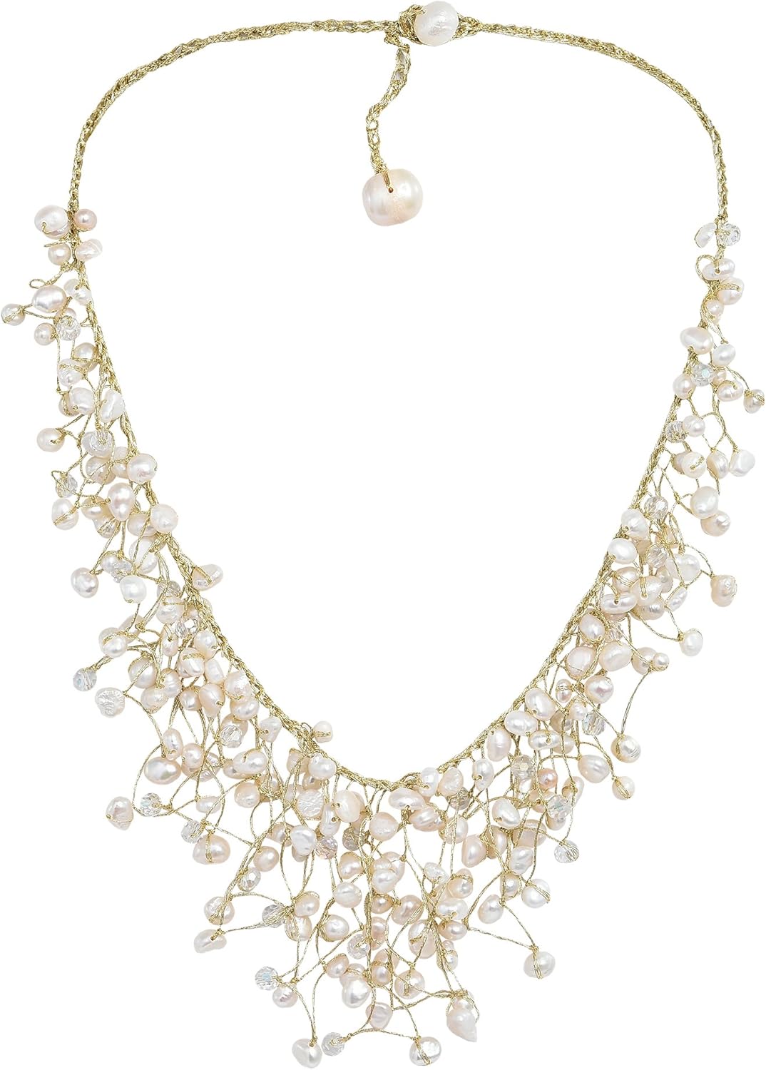 AeraVida Cascading Waterfall of White Cultured Freshwater Pearls and Crystals on Gold Colored Silk Thread Stylish Statement Necklace