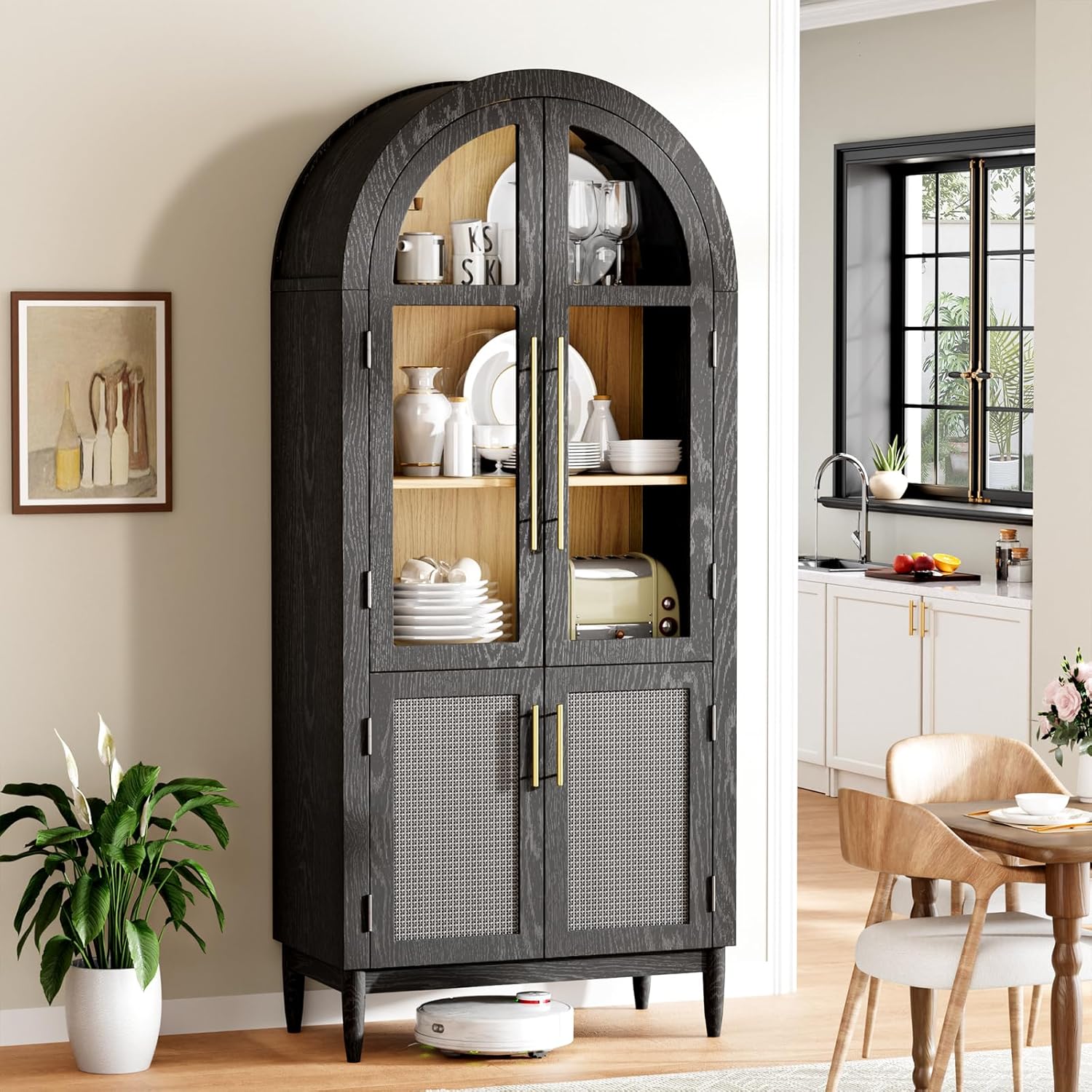 71" Tall Arched Storage Cabinet, Modern Farmhouse Kitchen Pantry Cabinet with Glass Doors, Solid Wood Legs and Storage Shelves for Living Room, Kitchen, Dining Room, Classic Black