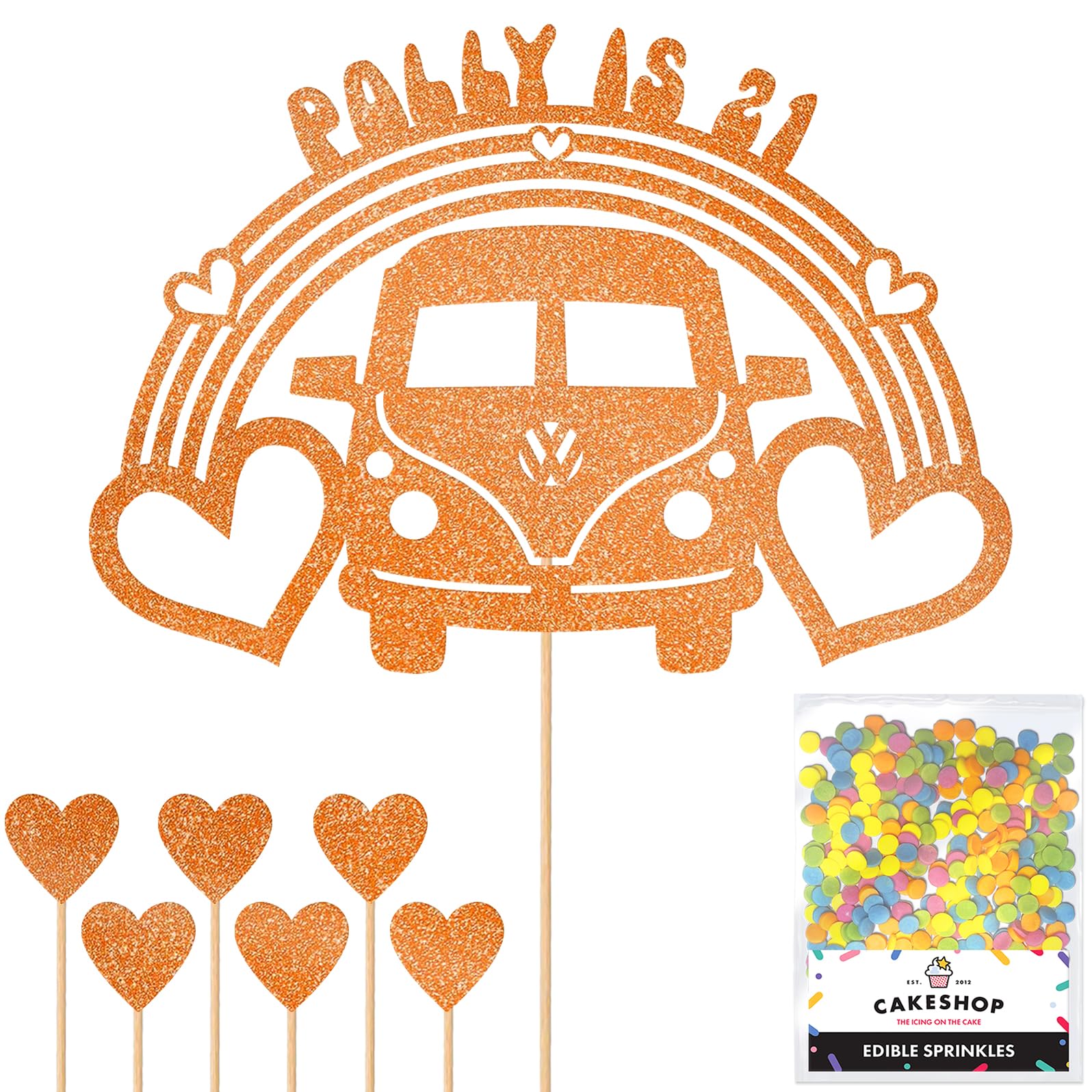 Personalised 60's Camper Van Glitter Cake Topper- Copper Orange Any Custom Age & Name Glitter Cake Decoration and Sprinkles - Happy Birthday Decorations - Personalised Toppers for Cakes by Cakeshop