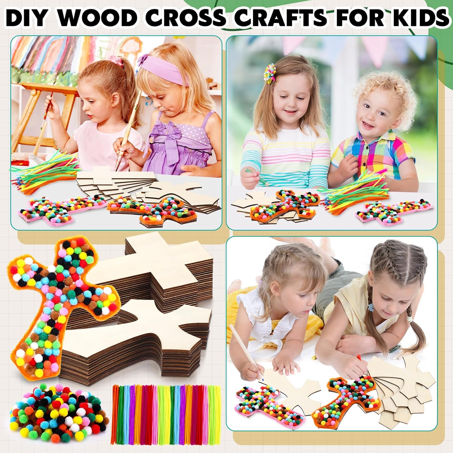 Blueweenly 24 Sets DIY Wooden Cross Crafts for Kids Sunday School Vacation Bible School Supplies Include Wood Cross 100 Pipe Cleaners 200 Pom Poms for Easter Church Activity Decoration