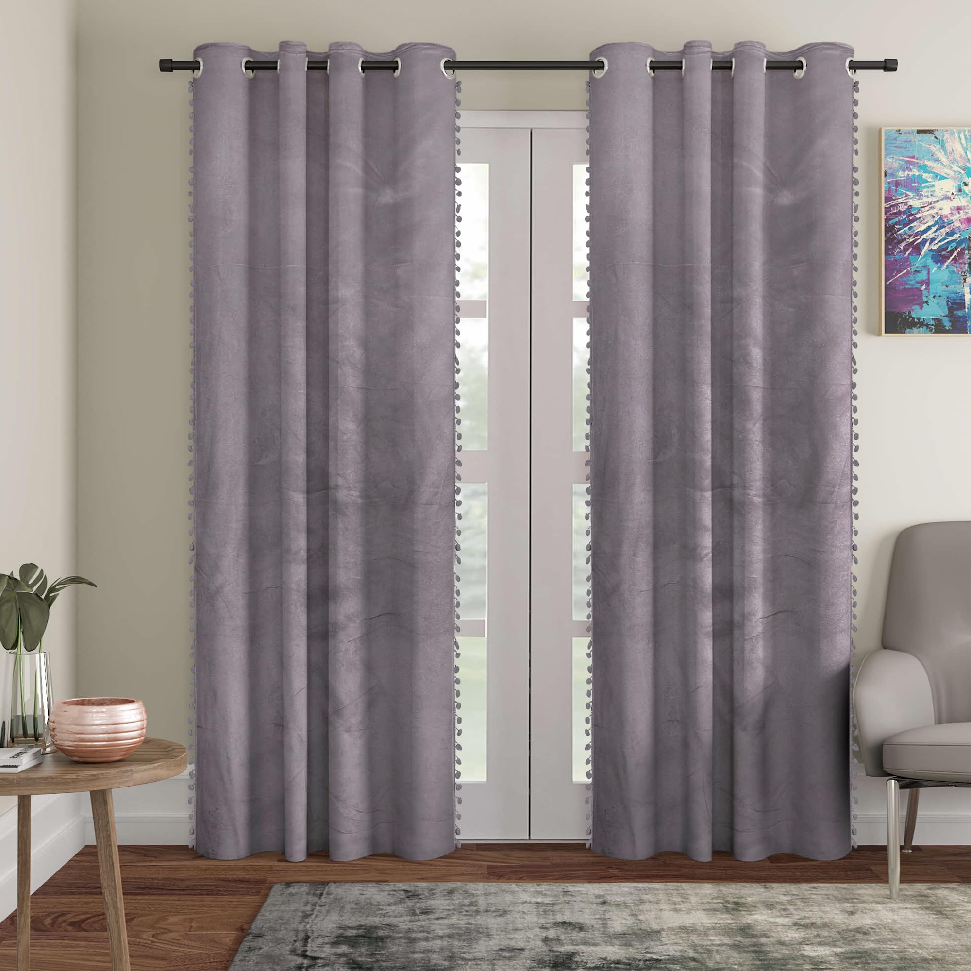 STITCHNEST Premium Velvet Semi Blackout Curtains with Pom Pom – Pack of 1 Door Curtains, Elegant Grey Color for Bedroom & Living Room (Size: 7ft)