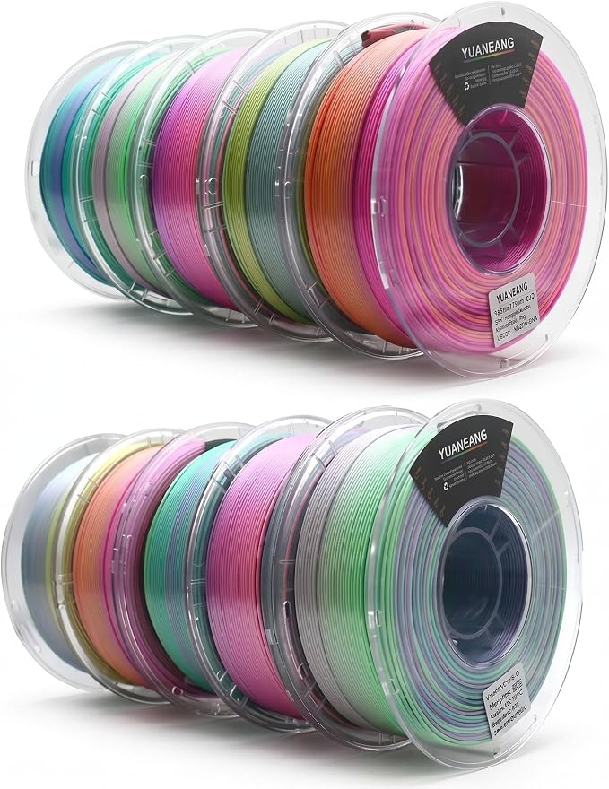 Silk PLA Filament 1.75mm, ±0.03mm Precision, Glossy Gradient Silk Colors, 1kg Spool (2.2 lbs), 10-Pack Silk PLA Bundle