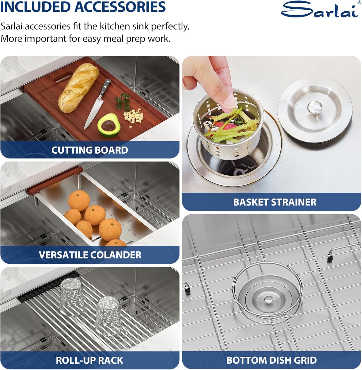 Sarlai 28 Undermount Kitchen Sink Double Bowl - 28x19 Inch Undermount Sink Stainless Steel 16 Gauge Ledge Workstation Sinks Low Divide 50/50 Double Basin Under Counter Kitchen Sinks