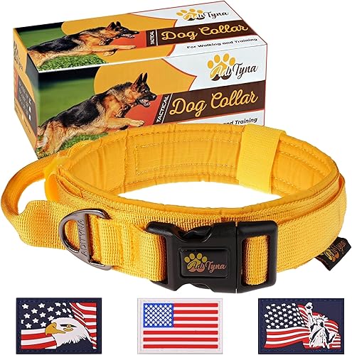 ADITYNA Collar táctico para perros grandes, acolchado suave, resistente, servicio, ajustable, militar, K9, collar amarillo con asa para