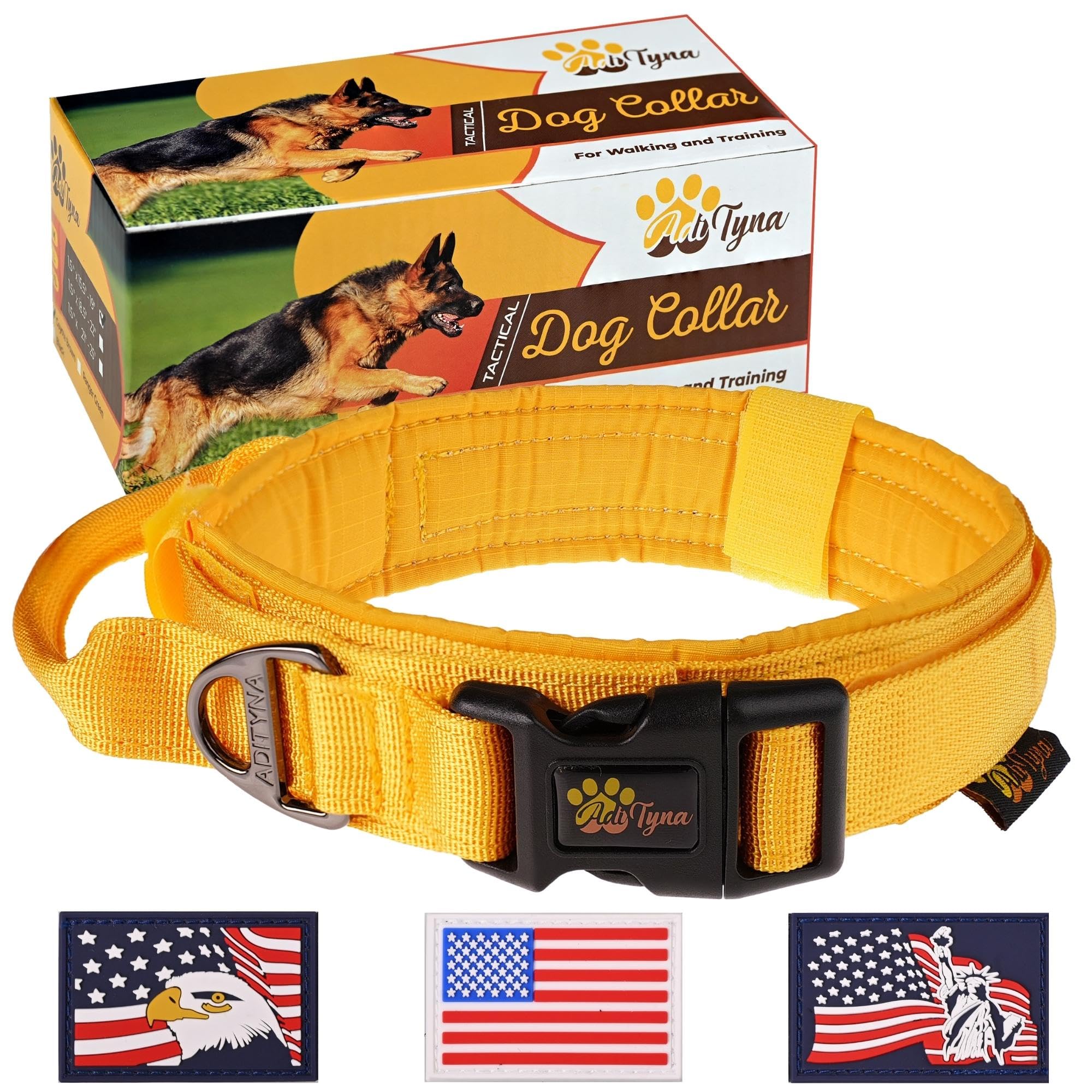 ADITYNATactical Dog Collar for Large Dogs - Soft Padded, Heavy Duty, Service, Adjustable Military K9 Yellow Collar with Handle for Training and Walking
