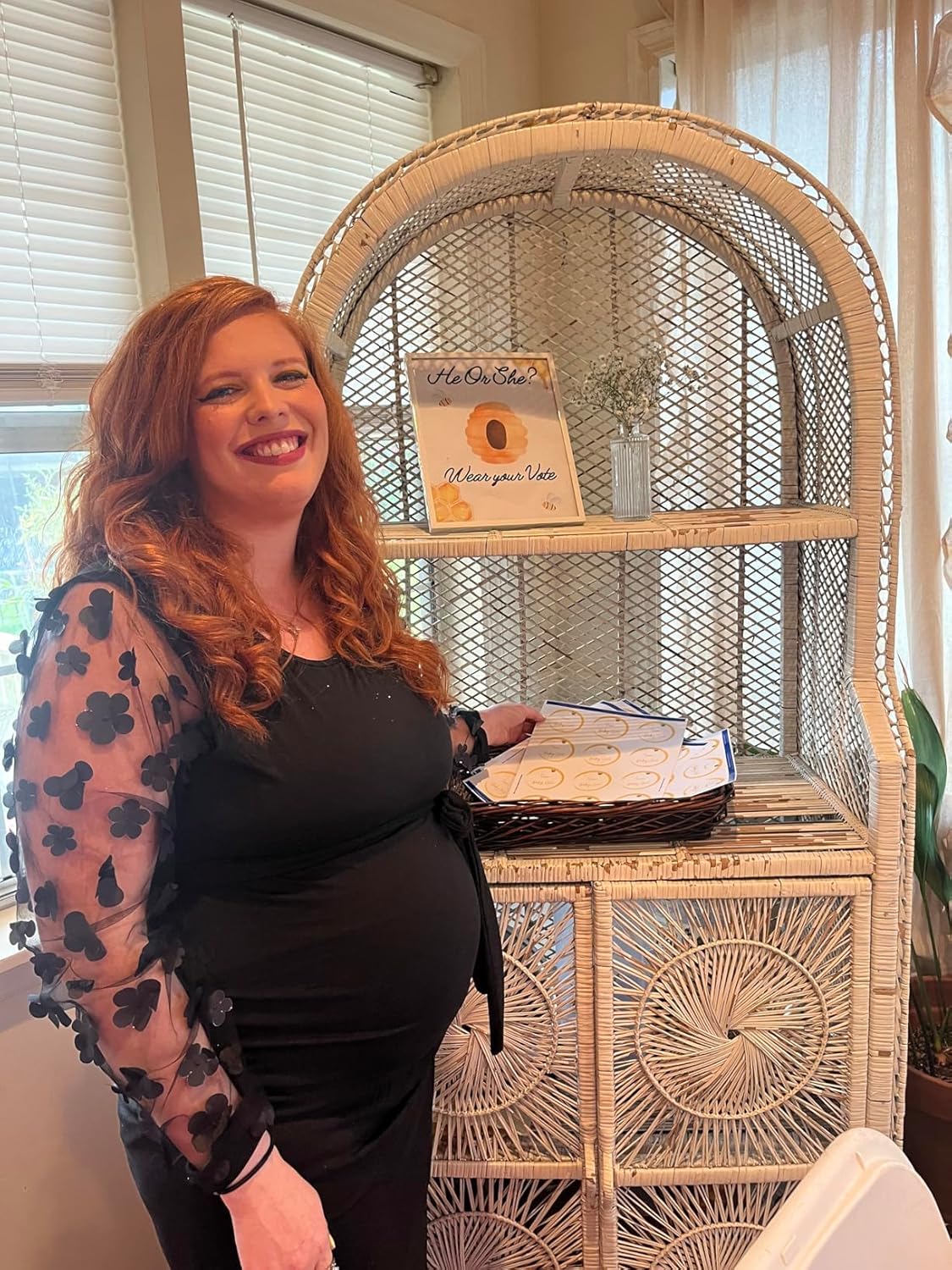 Floral Mesh Bishop Long Sleeve Maternity Midi Dress, Fall Maternity Bodycon Dress for Baby Shower - Image 2