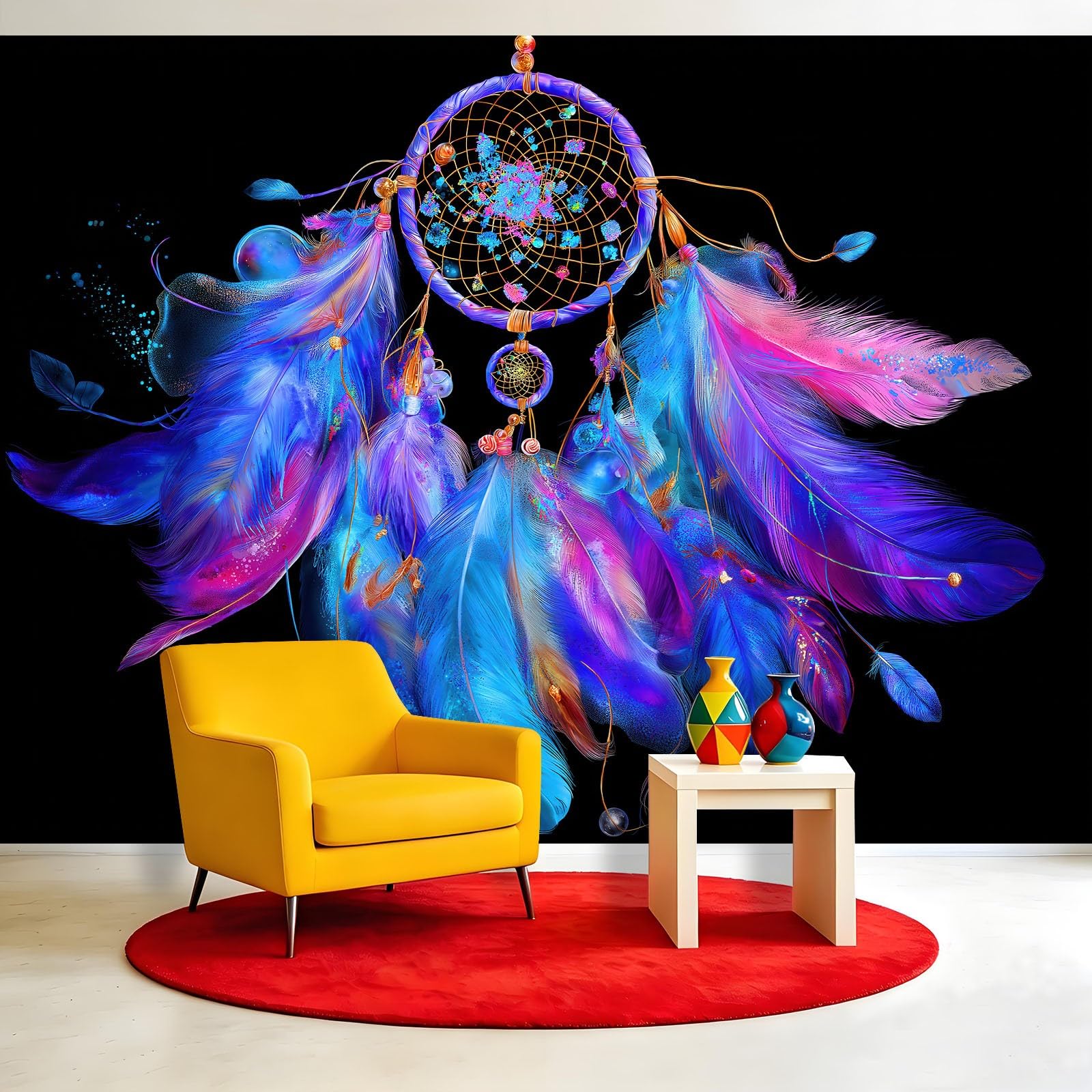 Générique Panoramiczna tapeta artystyczna fantasy akwarelowa, tapeta z włókniny do pokoju dziecięcego i salonu, 350 x 256 cm łapacz snów z piór wisiorek dekoracja ścienna XXL
