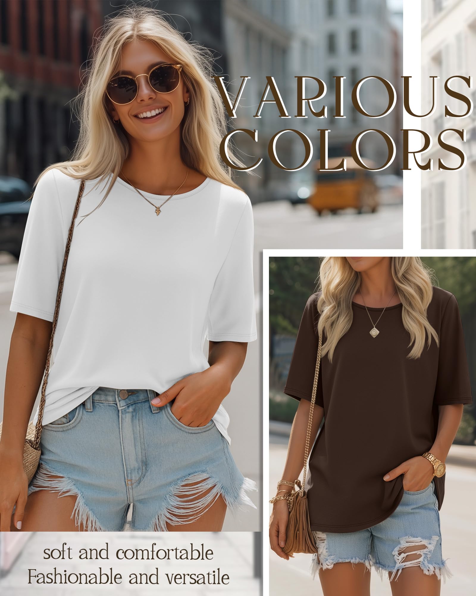 Neer Confezione da 4 Top da Donna a Mezza Manica, Lunghezza al Gomito, Oversize, Girocollo, Top Casual Estivi.