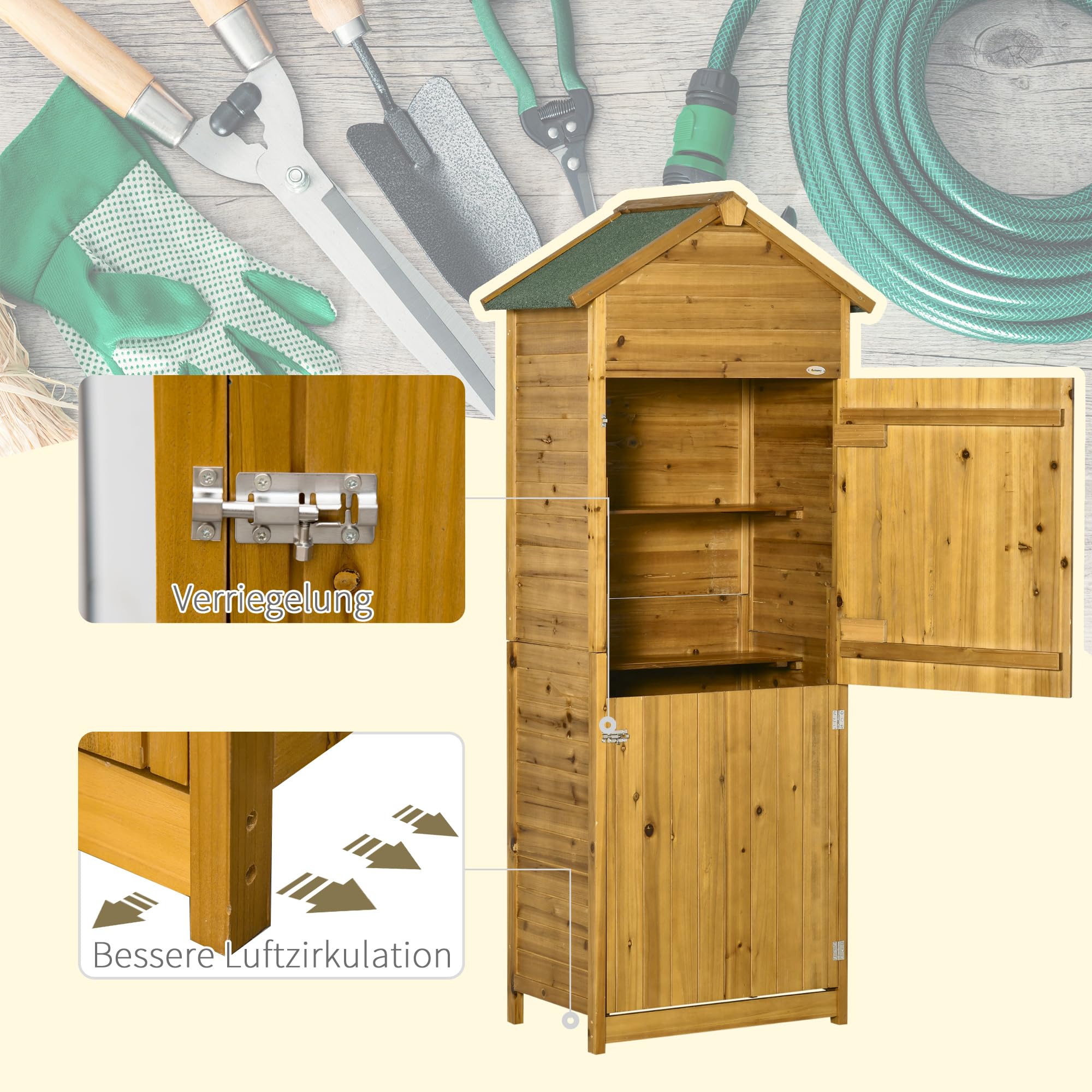Outsunny Gartenschrank Holz wetterfest Geräteschrank 79x49x191,5cm Satteldach Doppeltür Naturholz