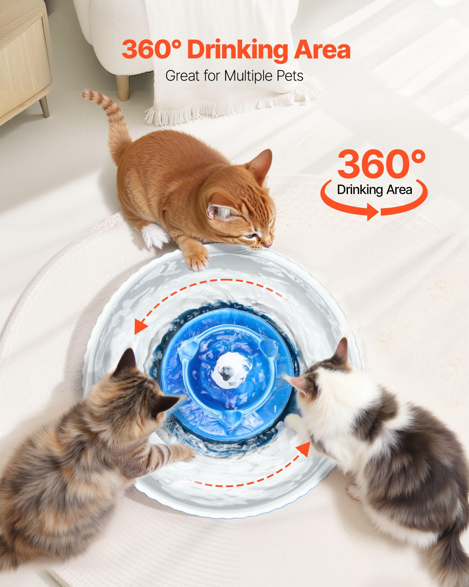VEVOR Fontanella per Gatti in Ceramica da 2,1 L Fontana per Animali Domestici con Pompa Ultra Silenziosa, Area di Abbeveramento a 360° e Sistema di Filtraggio Multistrato, per Gatti e Cani, Blu