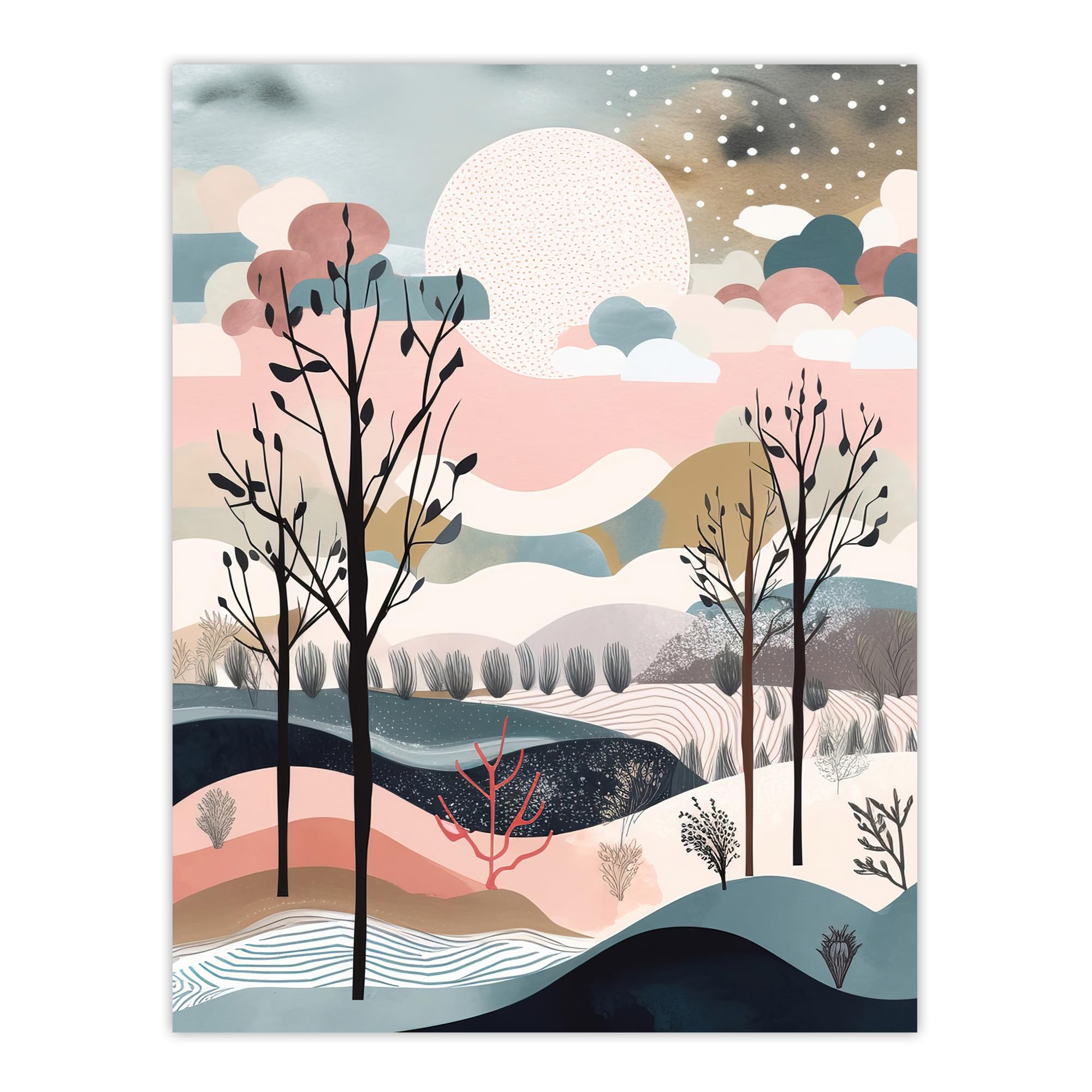 Wee Blue Coo Winter Countryside Landscape Boho Artwork Pink Blue Morning Sun Over Fields Large Wall Art Poster Print Thick Paper 18X24 Inch