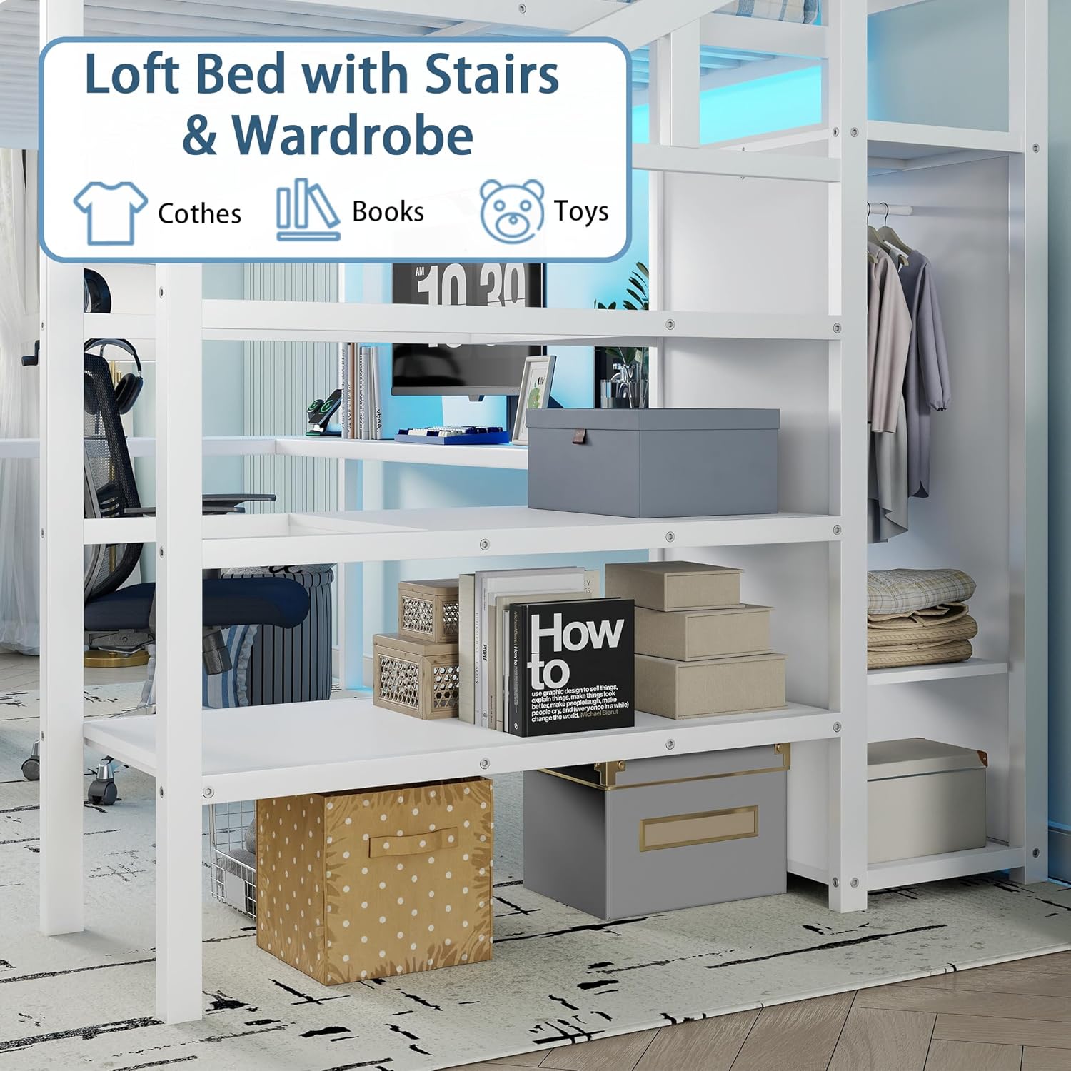 Queen Loft Bed with Desk, Stairs and Storage Shelves, Metal Gaming Loft Beds Queen Frame with Charging Station, LED Light and Wardrobe, for Adults, Teens, Kids, White