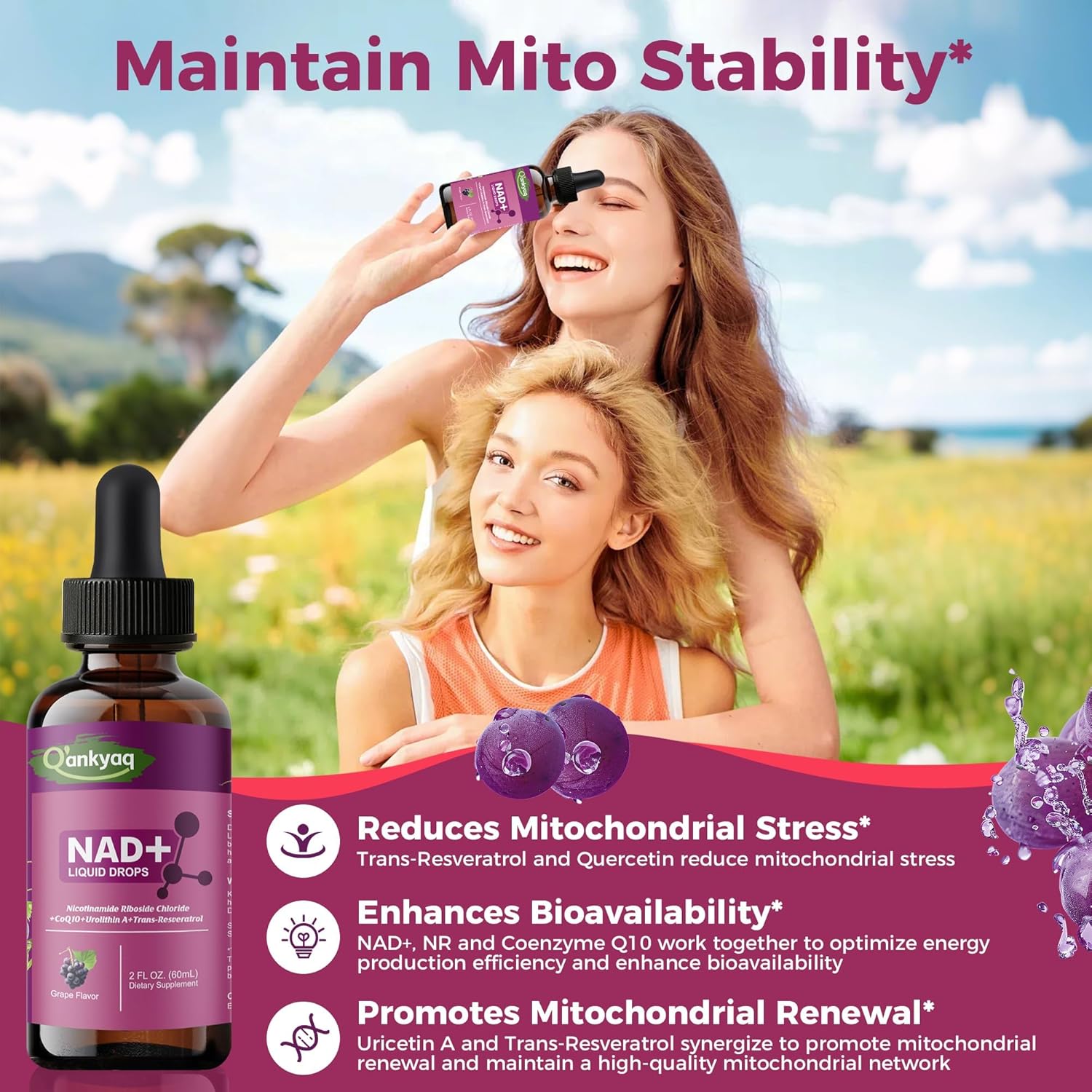 Q'ankyaq NAD Plus Liquid Supplement for Women, NAD 1000mg Drops with NR & Trans-Resveratrol, Aging Support*, Vitality Support & Mitochondrial Health*, Vegan, Sugar Free, 2 Fl Oz - Image 5