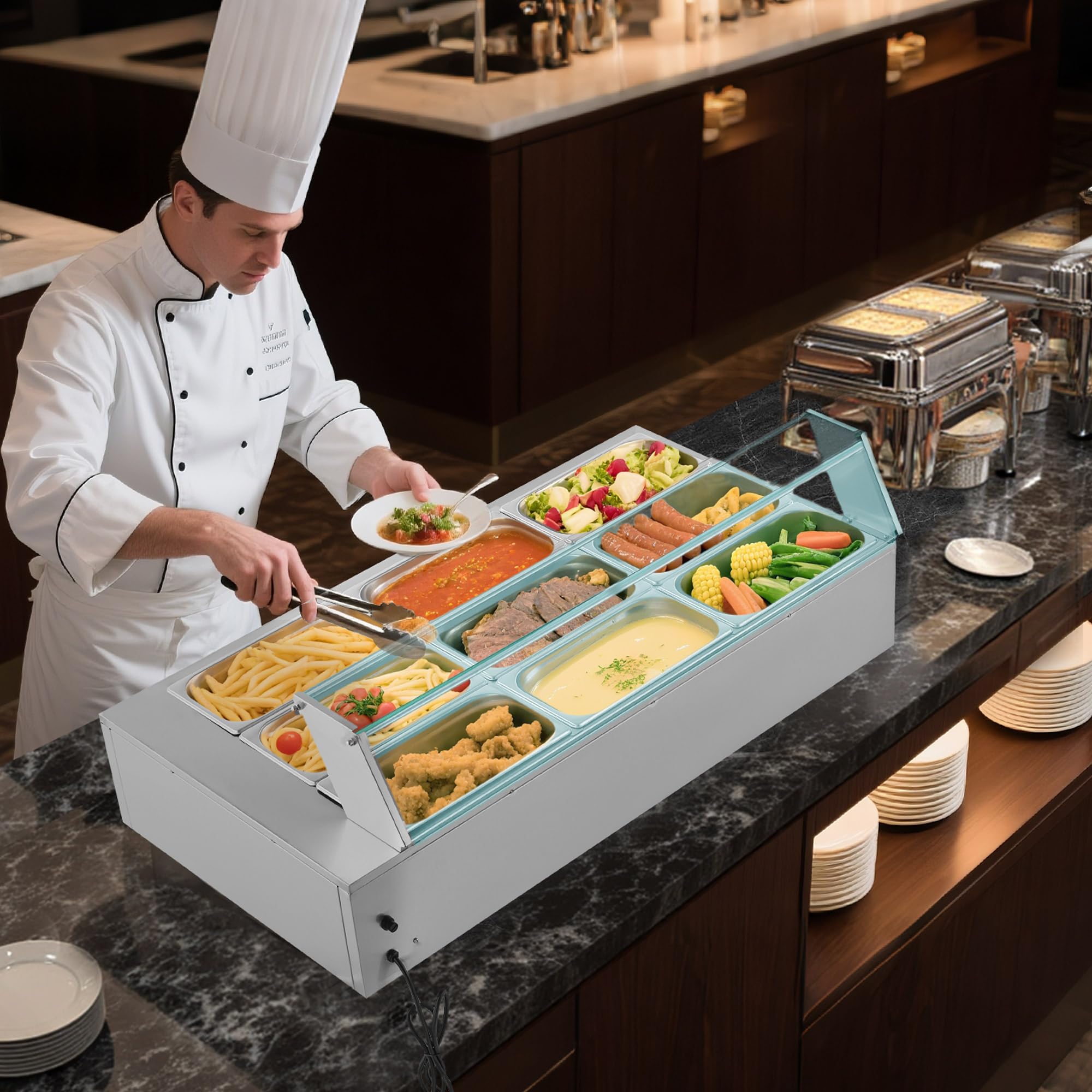 VEVOR Elektryczny podgrzewacz do żywności ze stali nierdzewnej 1500 W z parą i szklaną pokrywą, 9 tac, z łyżkami do zupy i perforowaniem, do restauracji i imprez, 1100 x 570 x 385 mm