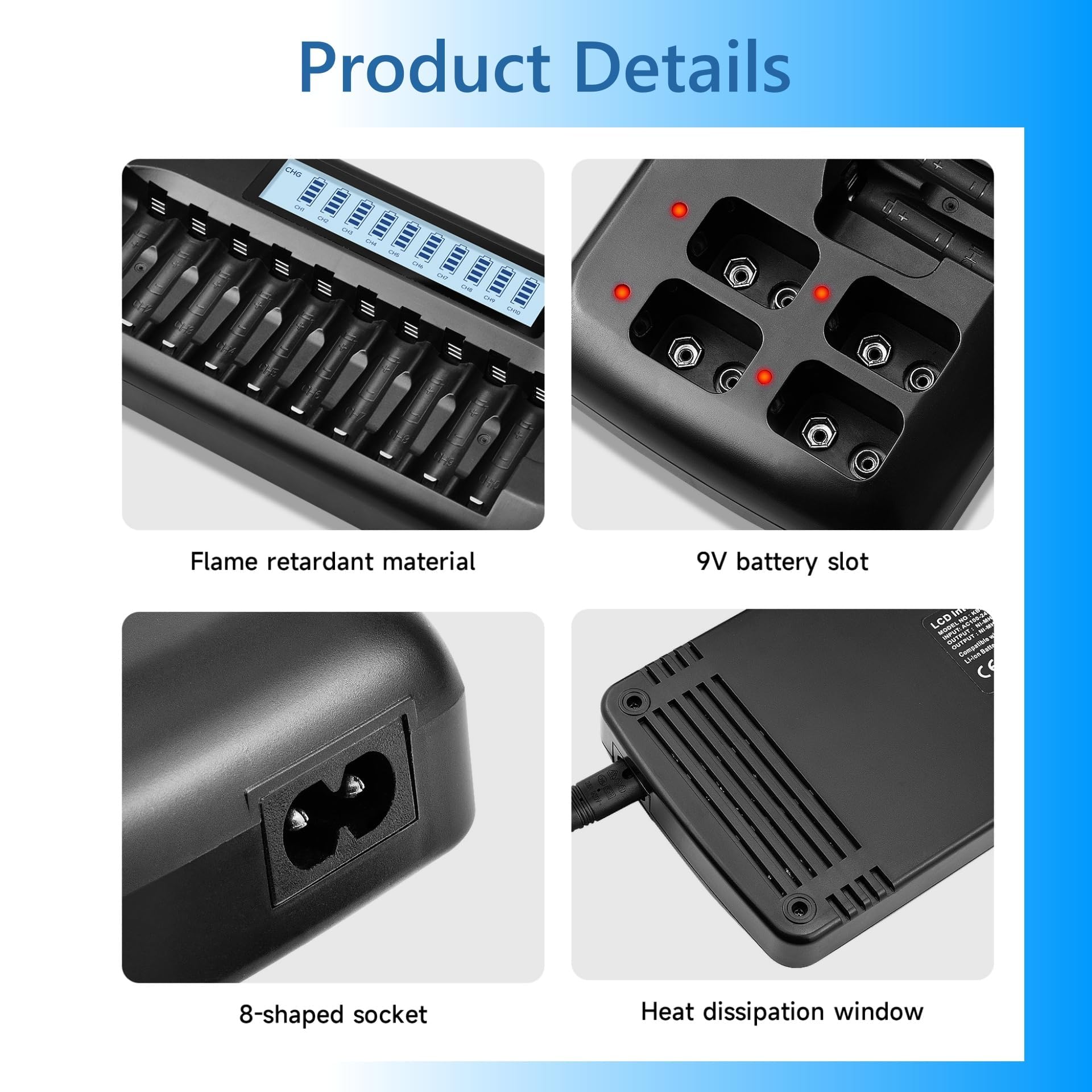 CITYORK Batteria da 10 + 4 slot LCD, per batterie ricaricabili da 1,2 V, AA/AAA NI-MH, batterie ricaricabili agli ioni di litio da 9 V, con protezione IC integrata