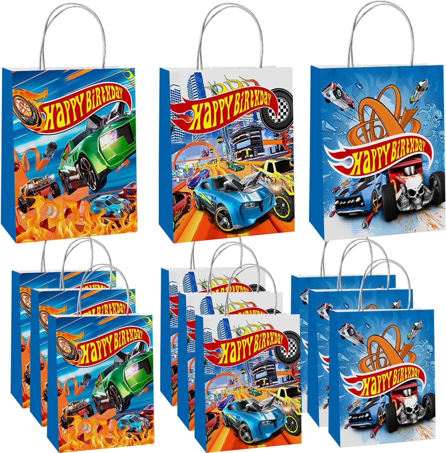 MeriHap 12Pcs Hot Car Happy Birthday Party Decoration Gift Bags Wheels Wild Wheels Race Car Candy Bags for Birthday 3 Styles Party Favors Gift Bags Party Game Party Supplies