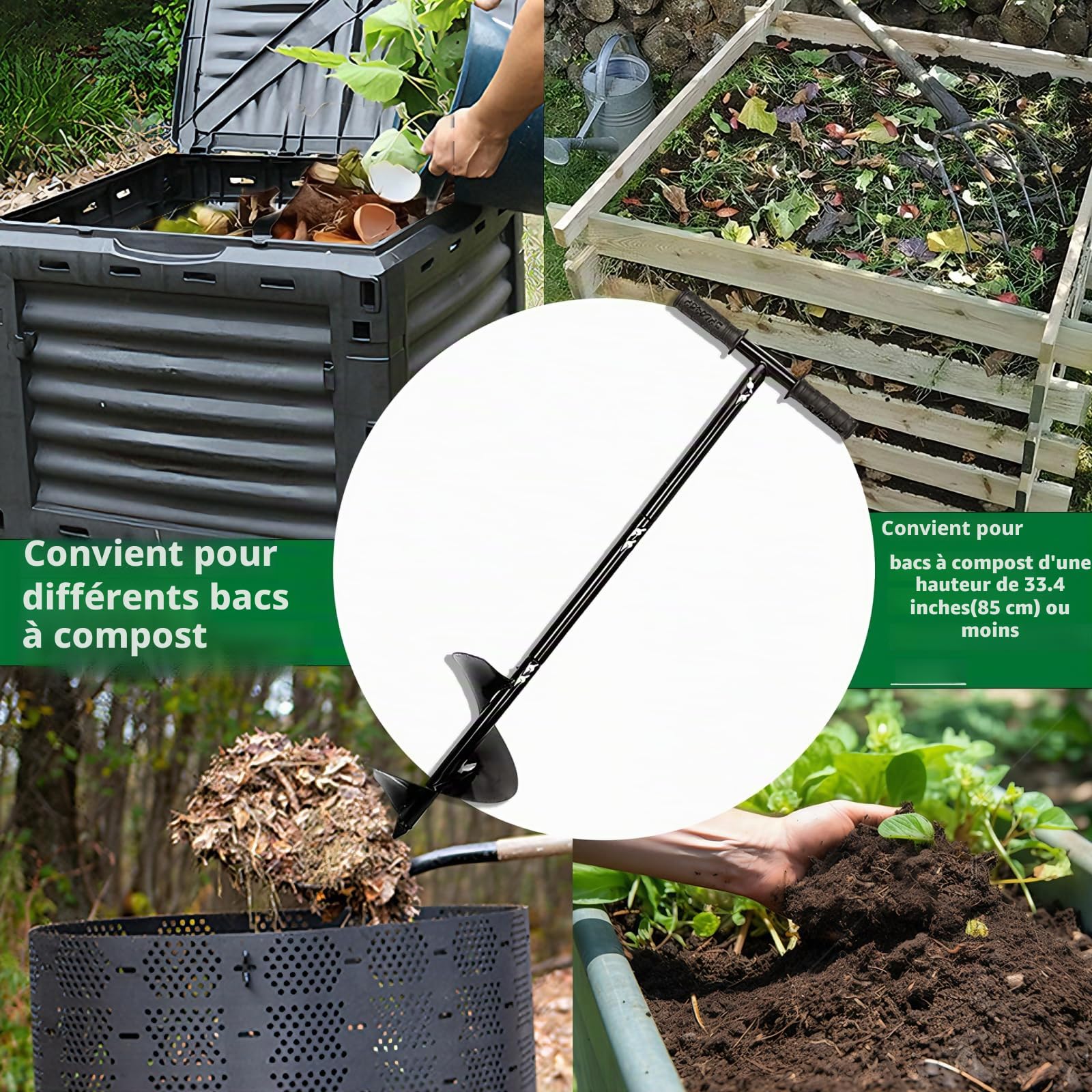 Outil d'agitation de compost Pro, barre tournante de compost de 84,8 cm, aérateur de compost manuel et outil de mélange pour bacs à compost d'extérieur, accessoires de compostage Noir
