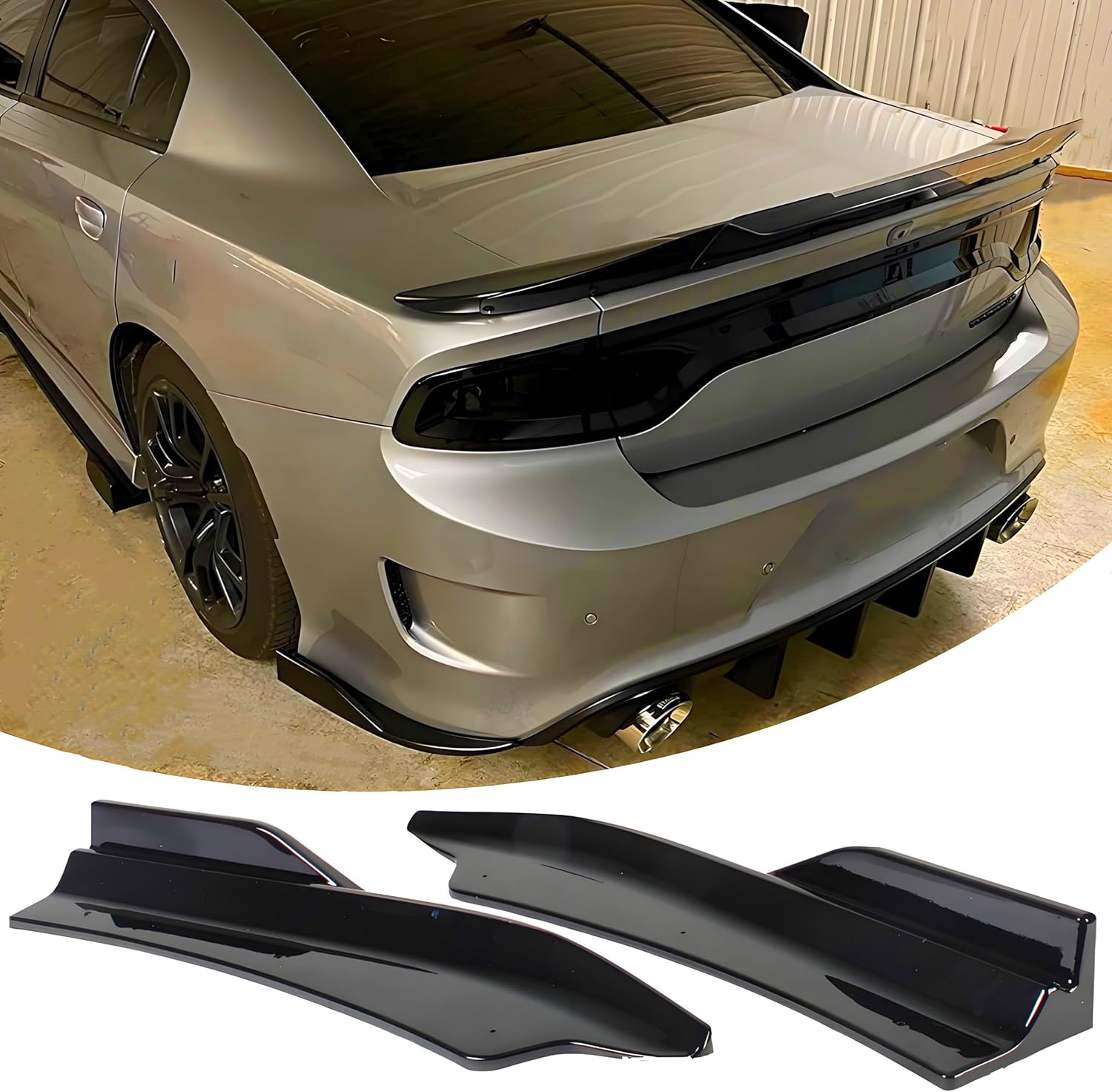 Rear Bumper Spoiler Diffuser Splitter Protector Fit for Dodge Charger SRT, R/T 392, GT, Scat Pack, Daytona 2015-2023, 2PCS Rear Bumper Side Lip Aprons Valence Spat Accessories (Gloss Black)