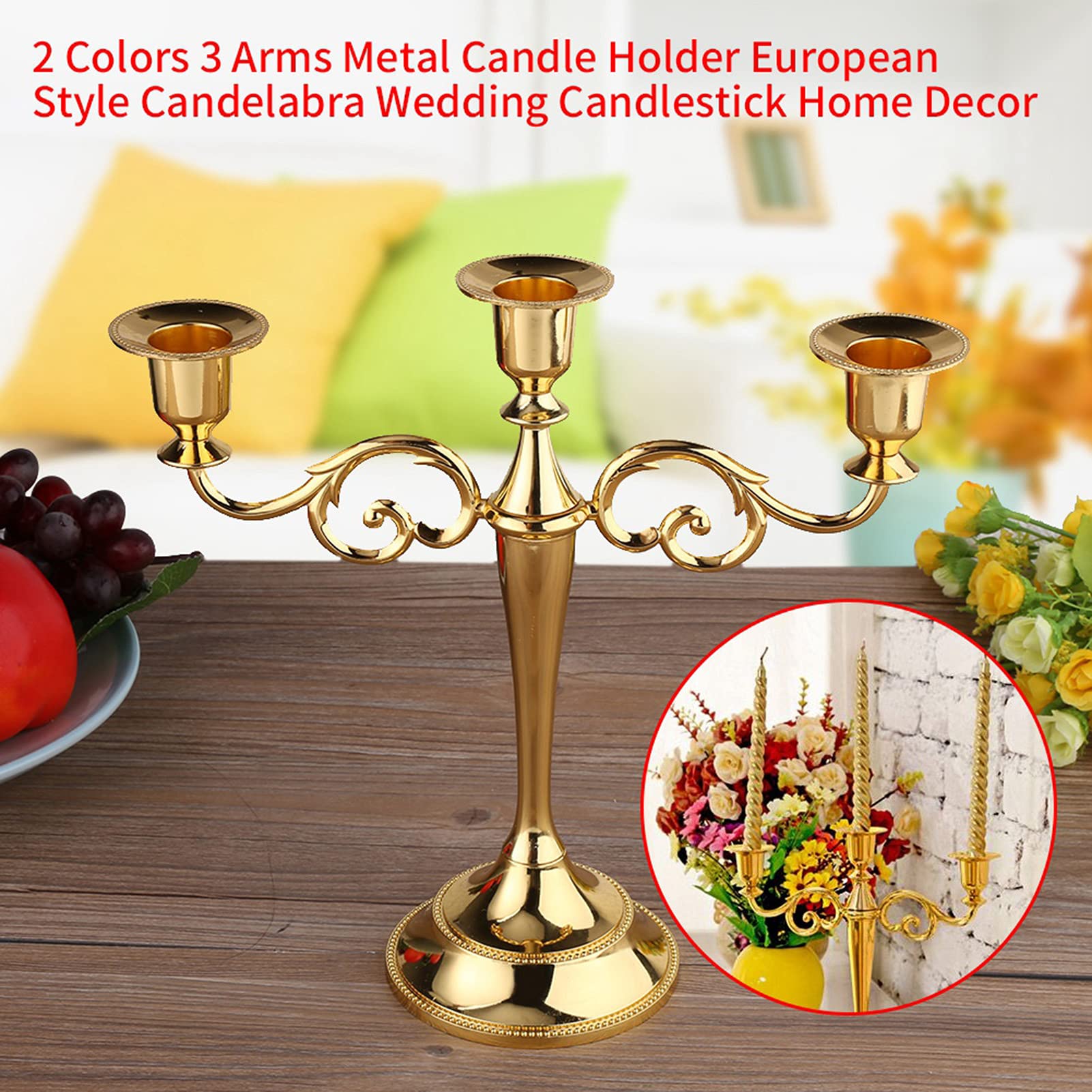 Portacandele a 3 bracci, 2 colori, 3 bracci, in metallo, stile europeo, candelabro, candelabro, decorazione per la casa (argento