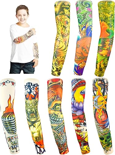Miniatura 7 de iToolai Mangas de brazo de tatuaje falso a granel, 8 piezas de protección solar temporal para niños pequeños y grandes