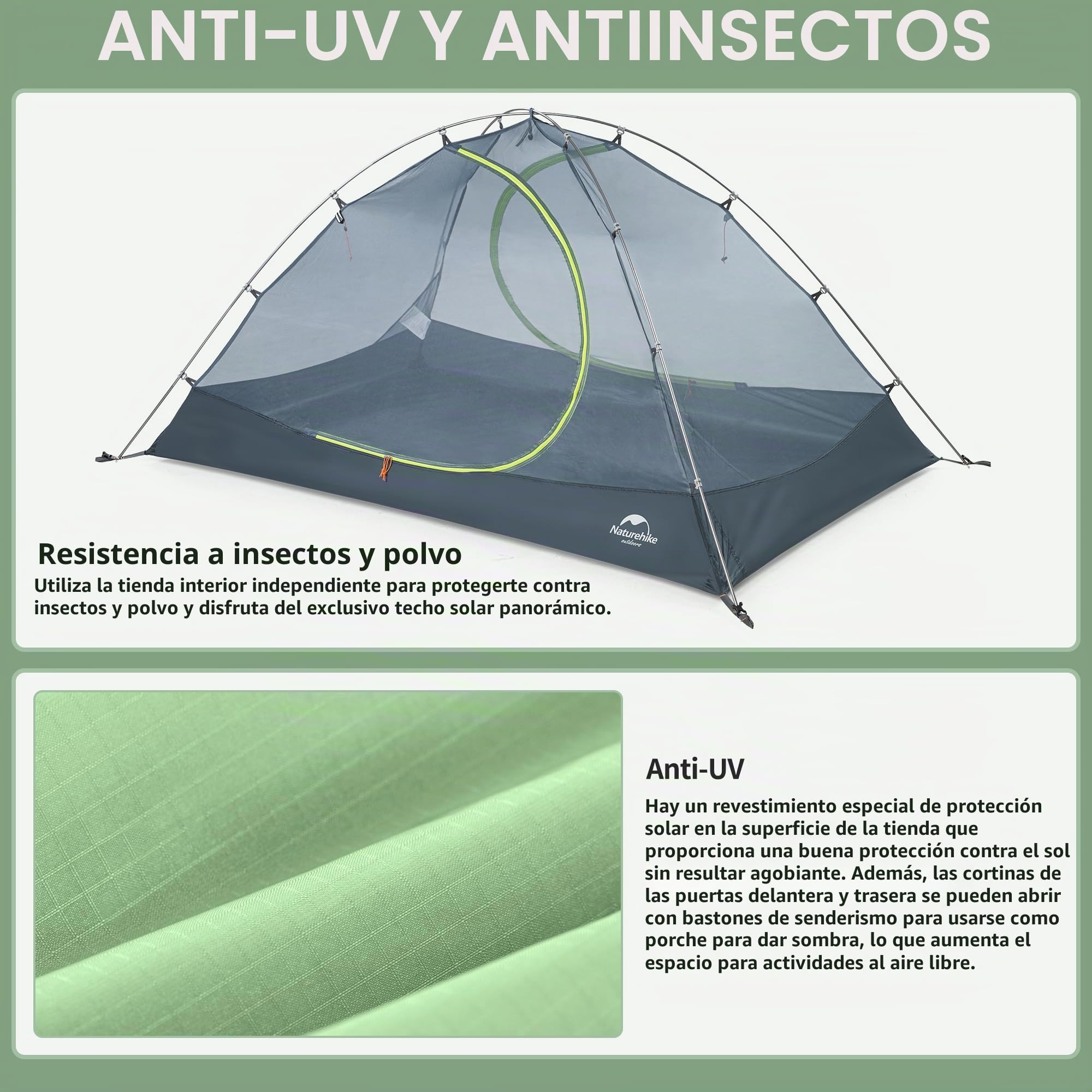 Naturehike Ultraligera de Silicona Carpa para Acampar para 2 Personas Impermeable para Senderismo y Pesca 3-4 Estaciones (Verde)