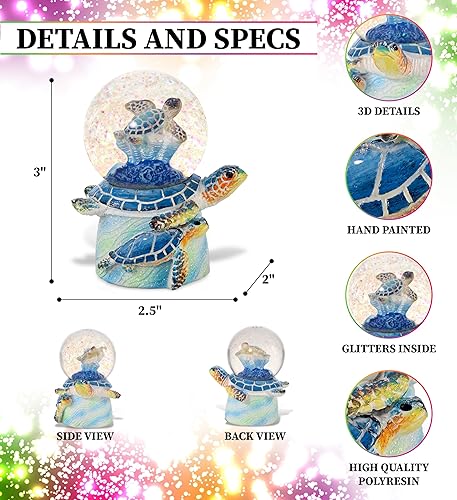 Miniatura 2 de CoTa Global Decoración de globo de nieve de tortuga marina azul, elegante purpurina rosa brillante dentro de la figura de globo de nieve, figuras de