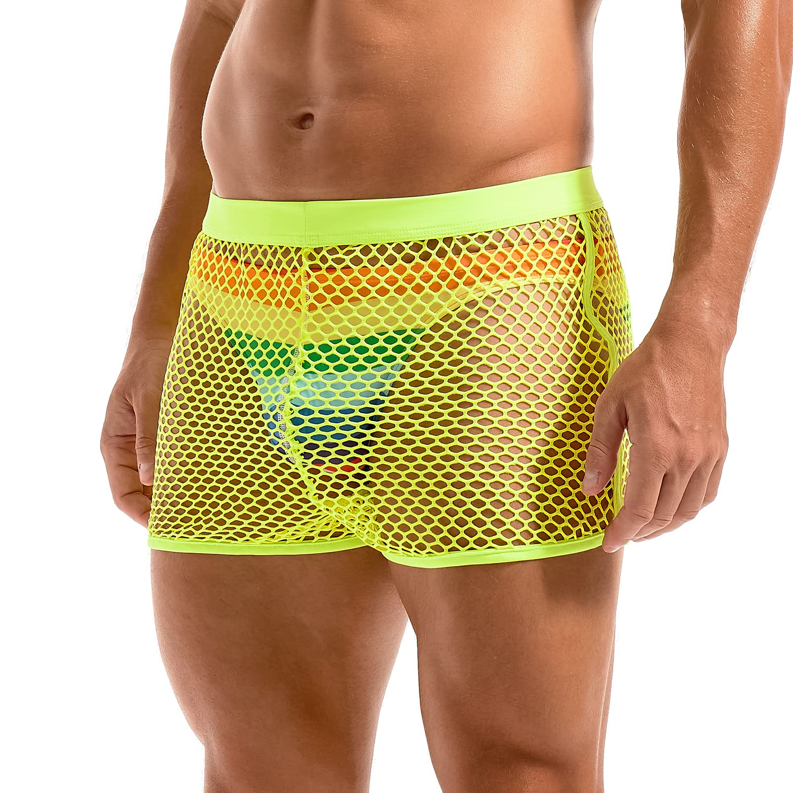 Amy Coulee Men's Green Fishnet Boxers Sexy Mesh Boxer Briefs Low Waist See Through Shorts Lounge Pajama Underwear Trunks (, Xl)