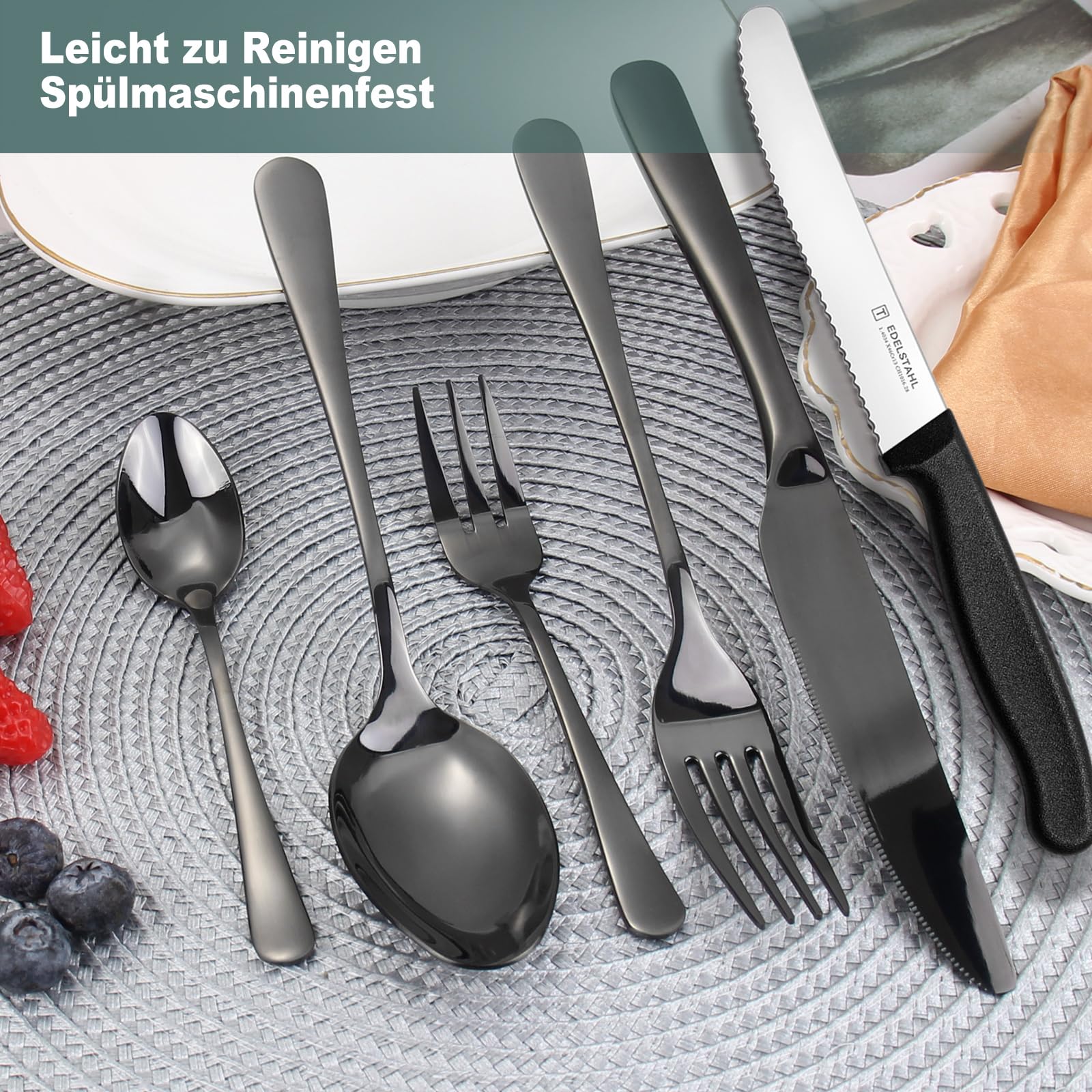 Besteck Set 6 Personen,Targzier 36 teiliges Edelstahl Besteckset mit Frühstücksmesser,Hochwertiges Essbesteck,Messer Gabel Löffel für Familie/Party/Hotel,Schwarzes&Spülmaschinenfest Bestecksets