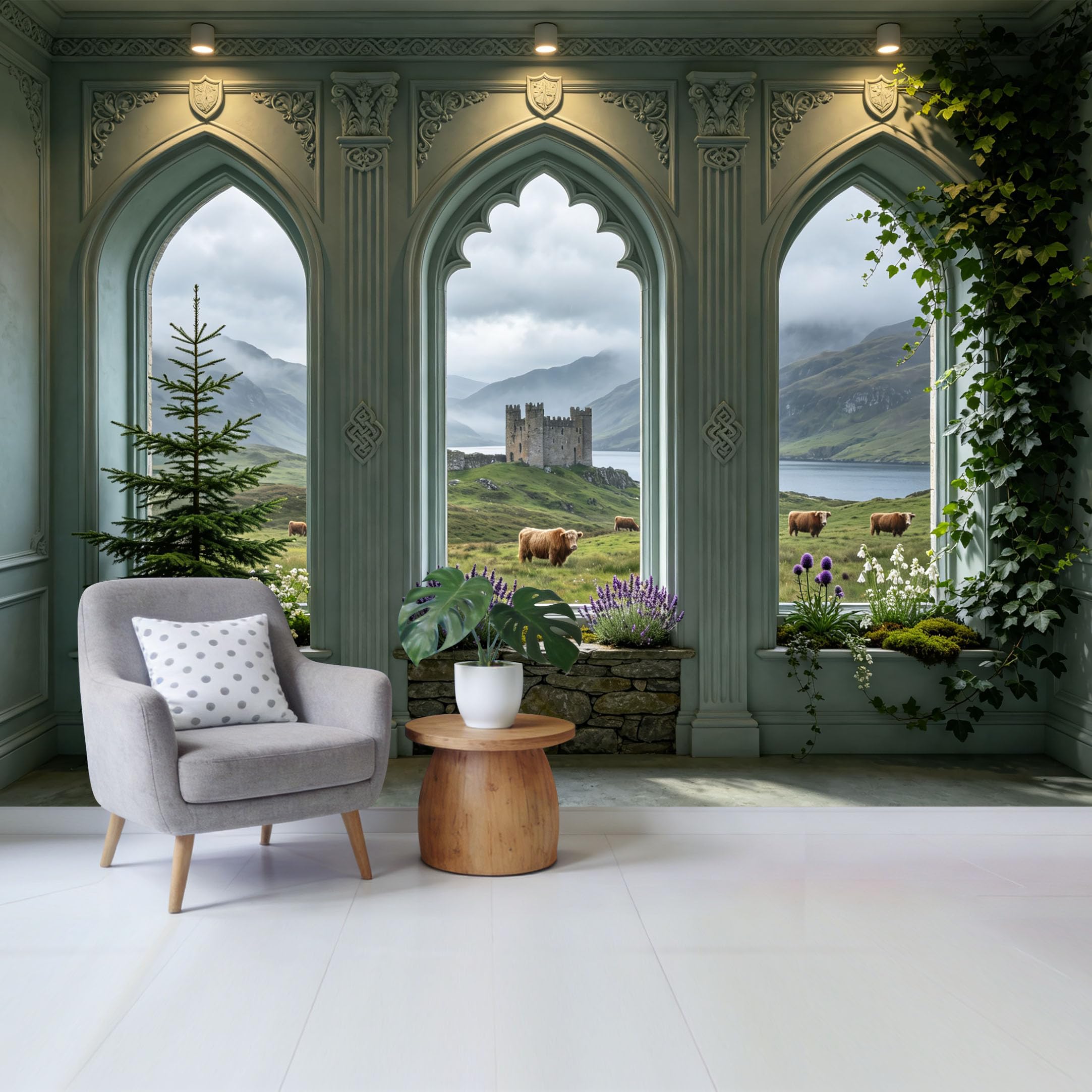 Removable Self Adhesive Fabric Mural， Highland Cattle Mountain Castle Custom Size Wall Covering， UV Protected Waterproof Washable Wall Decor for Living Room Bedroom Bathroom