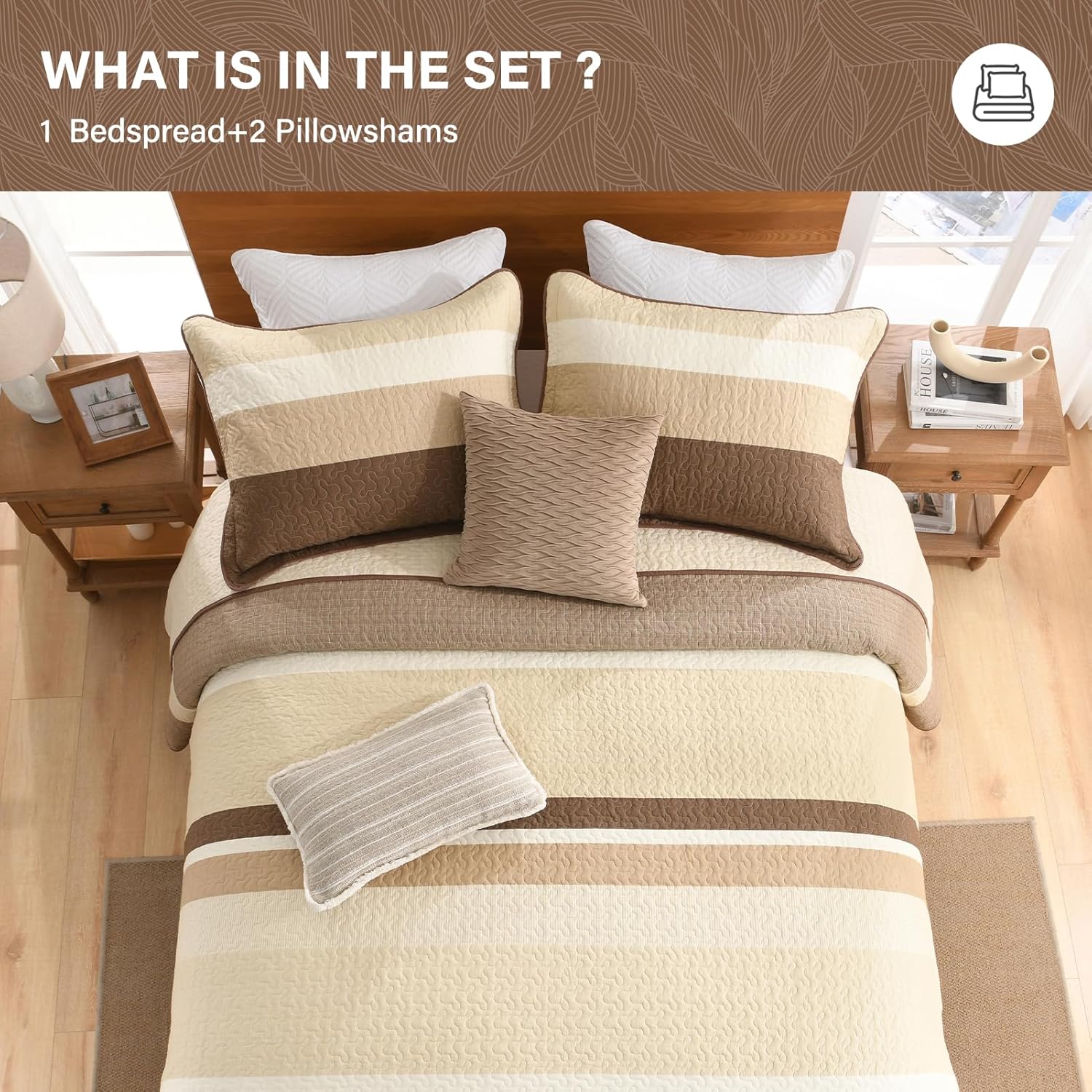 SahSahCasa 128"x120" 100% Cotton Oversized California King XL Bedspread Coverlet Quilt Set, Cal King Quilted Striped Bedspread Extra Large Quilt, Bed Spread Lightweight Comforter, Brown/Beige