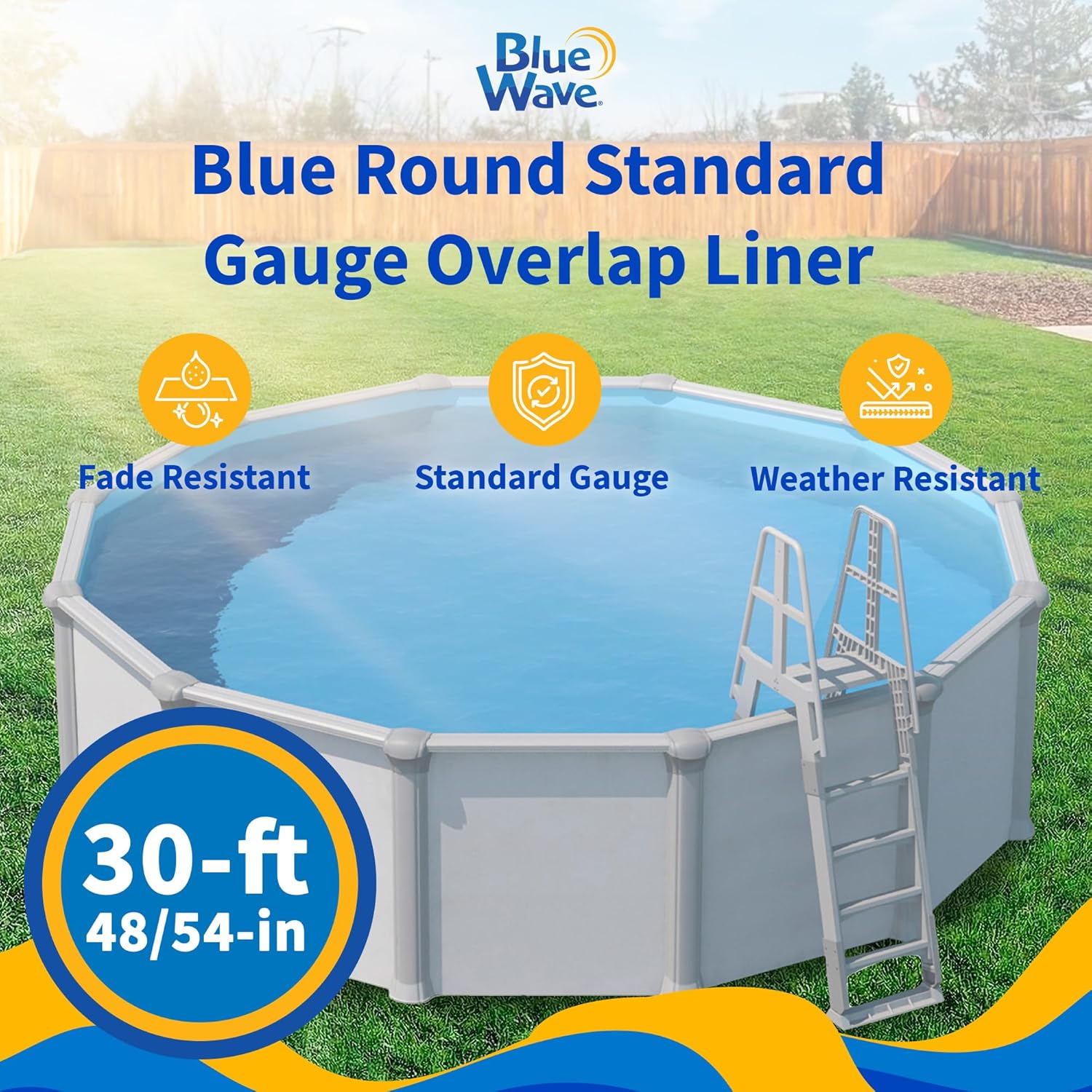 Blue Wave Overlap 30 ft Round Pool Liner for Above-Ground Steel Wall Pools – Weather Resistant Standard Gauge Vinyl with Welded Seams - Solid Blue Finish, Fits 48/54-In Depth – Pool Accessories