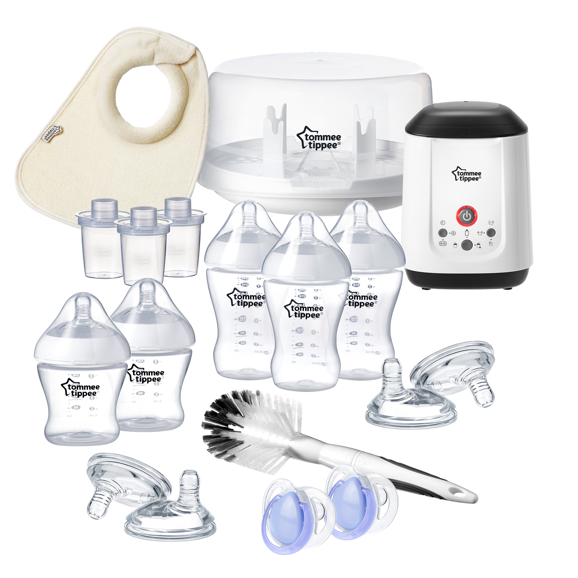 Tommee Tippee Juego de regalo para recién nacido, incluye esterlizador, bolsas, calentador de botellas, cepillo para biberón y pezón, babero, chupetes - sin BPA
