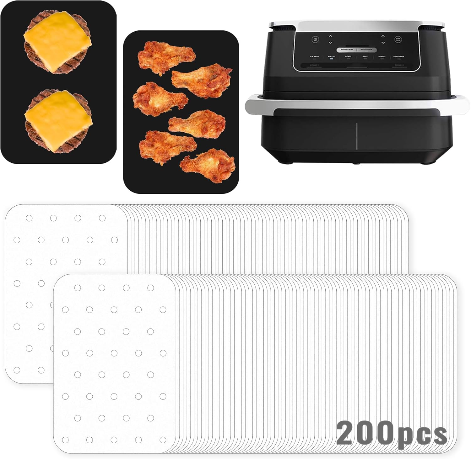INFRAOVENS Air Fryer Parchment Paper for Ninja Foodi DZ071 6-in-1 DualZone FlexBasket & Divider Paper Liners for Dual Zone, 2 Double Basket, Bleached Airfryer Accessories Sheets, Disposable Inserts (For Ninja FlexBasket DZ071 (200pcs White)) Thumbnail