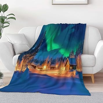 Dark Blue Throw Blanket Flannel, Farm Snow Northern Lights Forest Printed Blanket 66 x 90 in Premium Lightweight Bedding, Cozy Warm Plush Bedspread for Couch Sofa and Bed