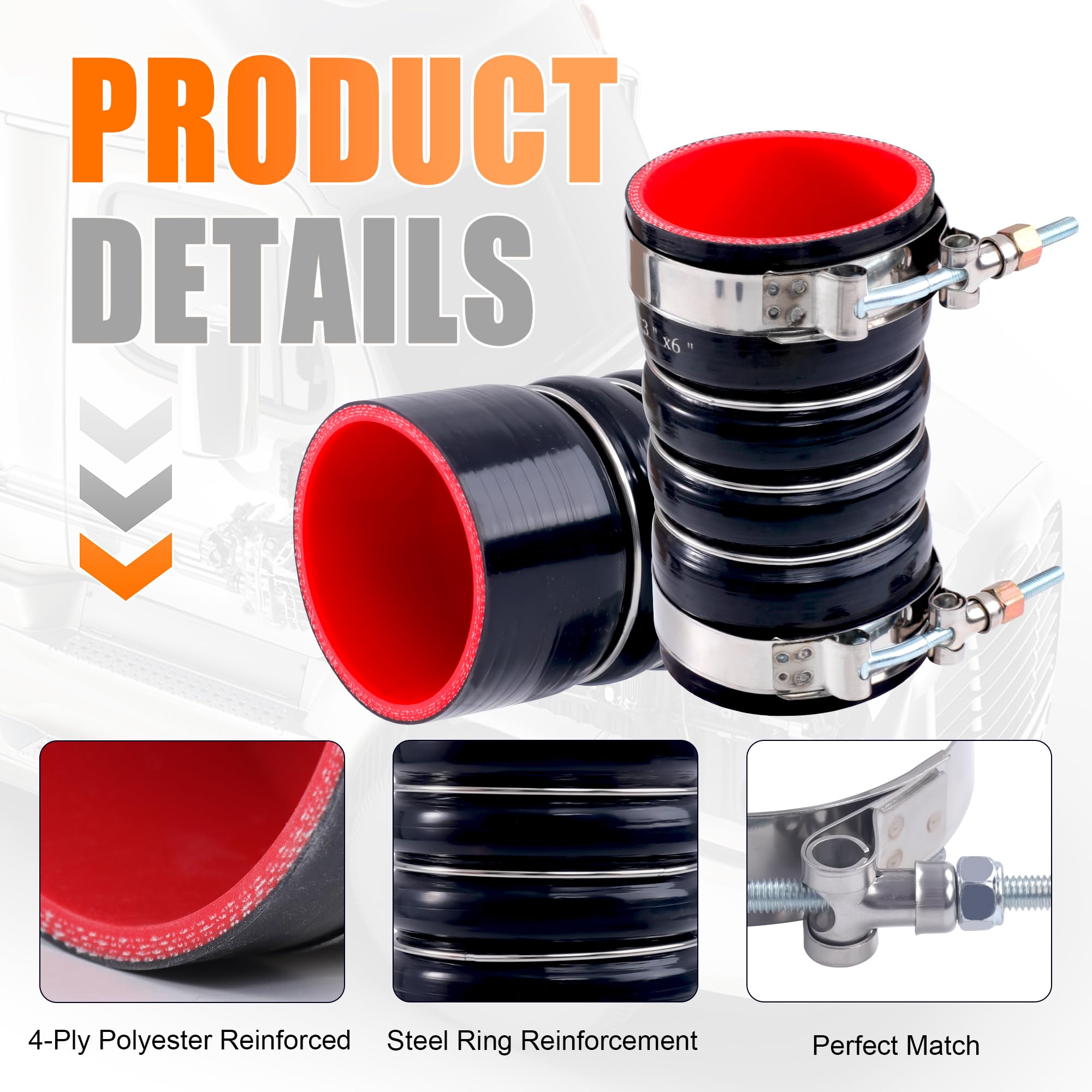 3 X 6 Silicone Charge Air Cooler Hump Hose with Clamp4PCS Black | 3 inch ID Turbo Air Intake and Intercooler CAC Hose Kit with 8Pcs T Bolt Clamp for Semi Trucks product thumbnail 5