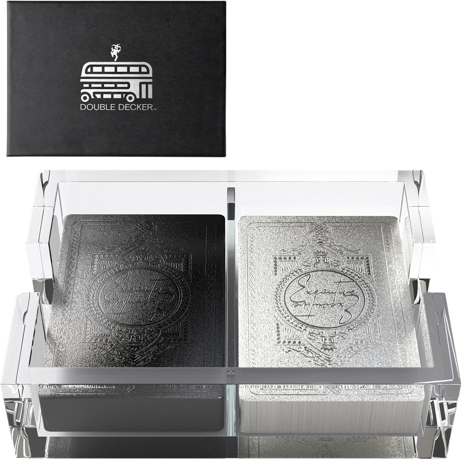 The Double Decker™ | Premium Executive Metallic Black & Silver Playing Cards Gift Set – Luxury Bridge-Size Decks in Acrylic Display Case – Elegant Cards for Collectors & Gifts