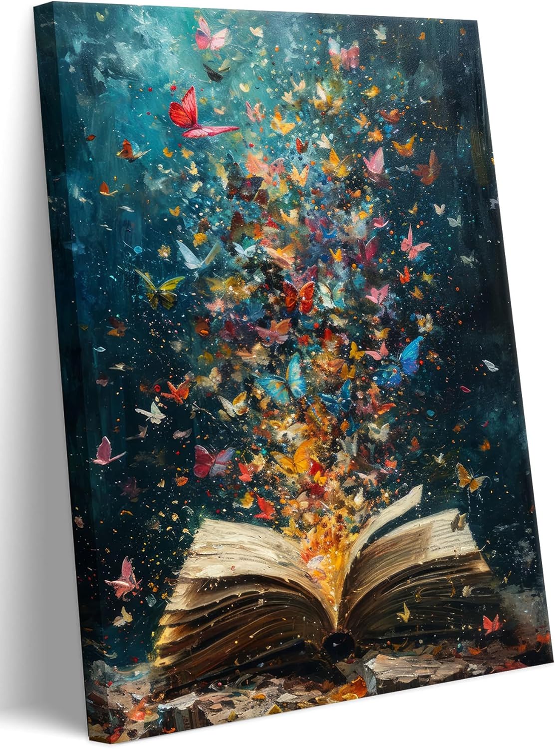 Colorful Butterfly Canvas Wall Art Retro Books Oil Painting Style Wall Decor Picture Butterflies Exploding in Books Poster Print for Library Reading Room Bedroom Modern Reading Concept Home Decoration Canvas 24"L x 36"W