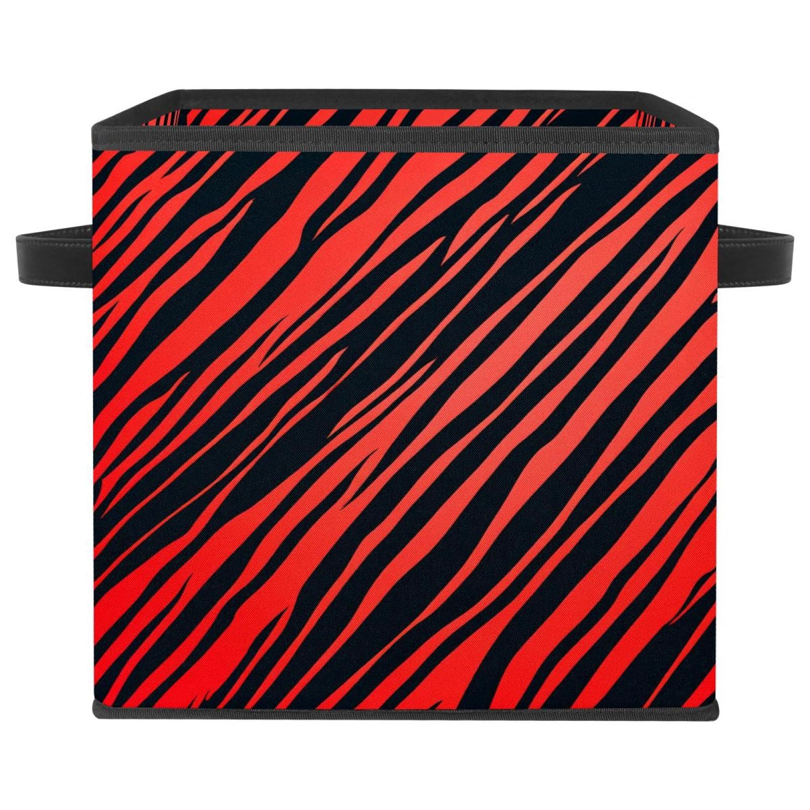 Grande boîte de rangement pliable zébrée rouge avec poignées en cuir pour organiser la maison