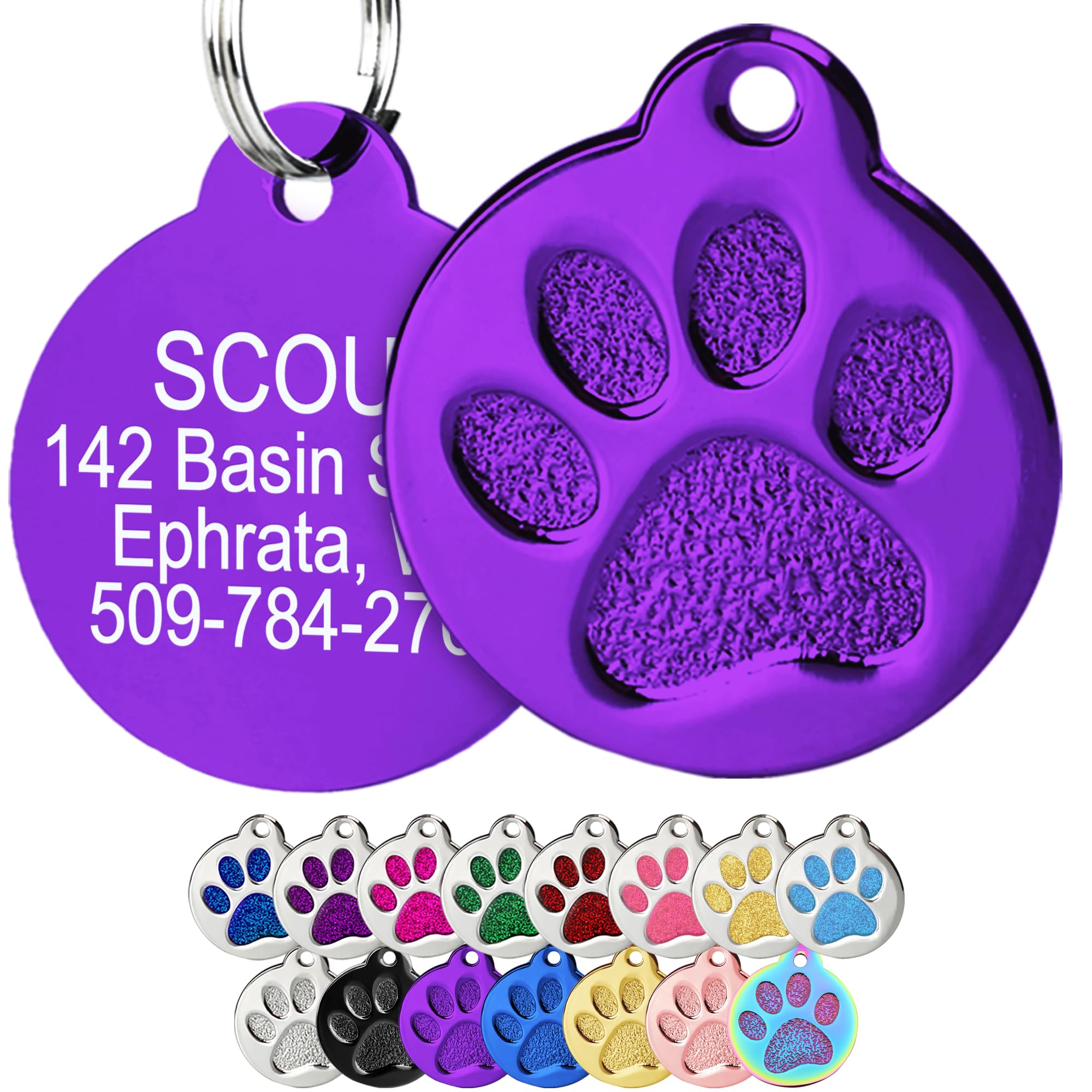 GoTags Paw Print Round Stainless Steel Pet Tag for Dogs and Cats, Personalized with 4 Lines of Custom Engraved ID Name and Number, in Stainless Steel