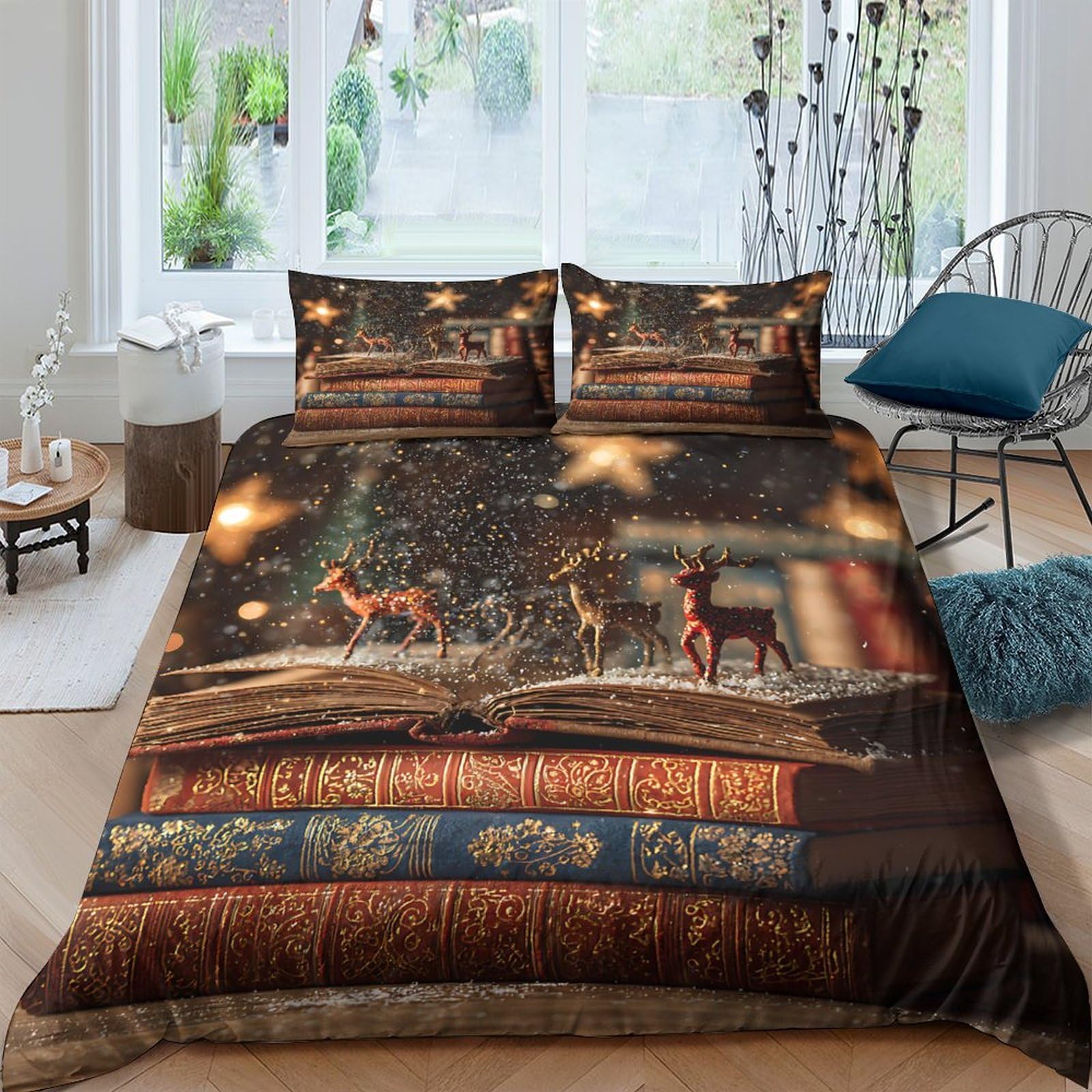 Linge de lit microfibre haut de gamme décor Noël et cerf majestueux